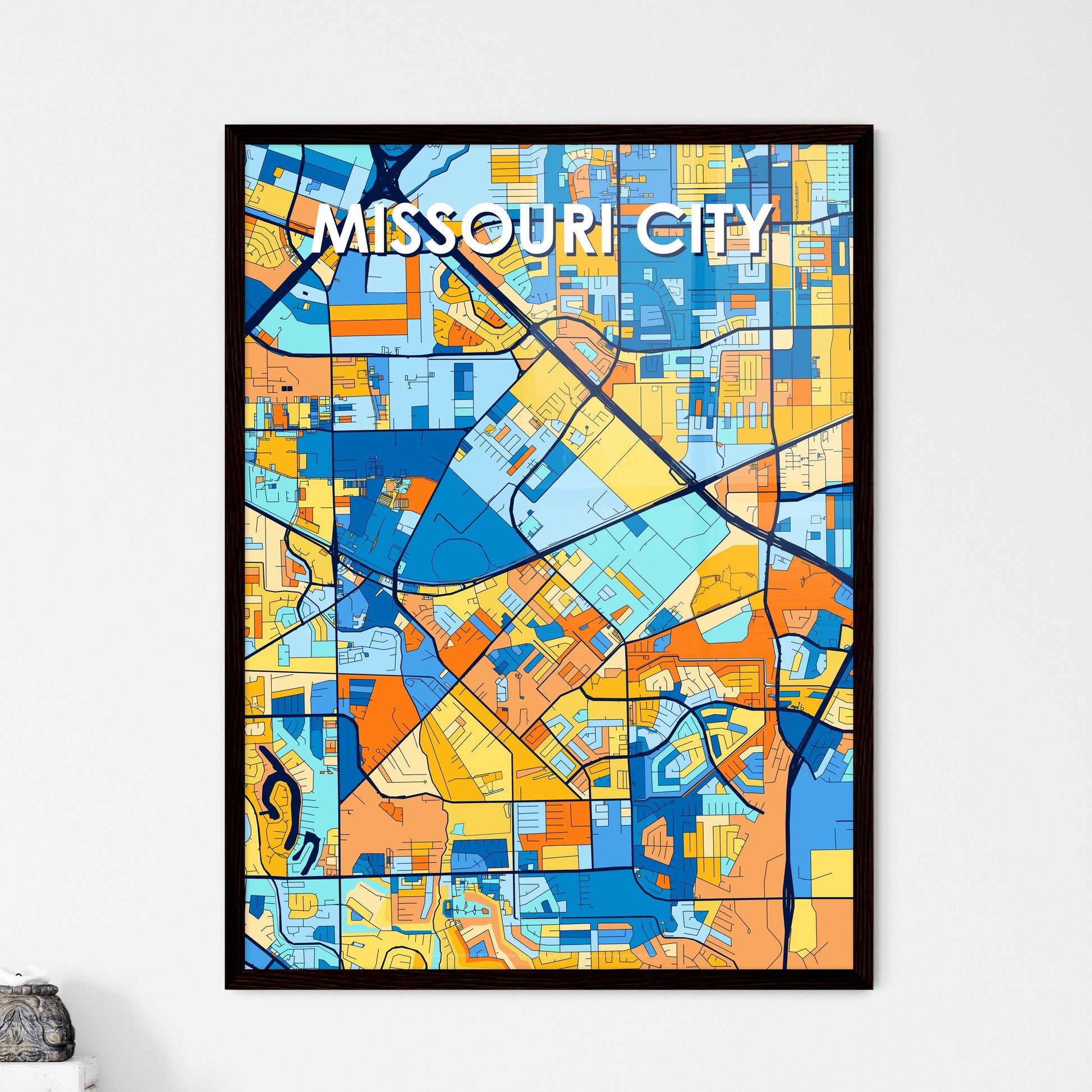 MISSOURI CITY TEXAS Vibrant Colorful Art Map Poster Blue Orange