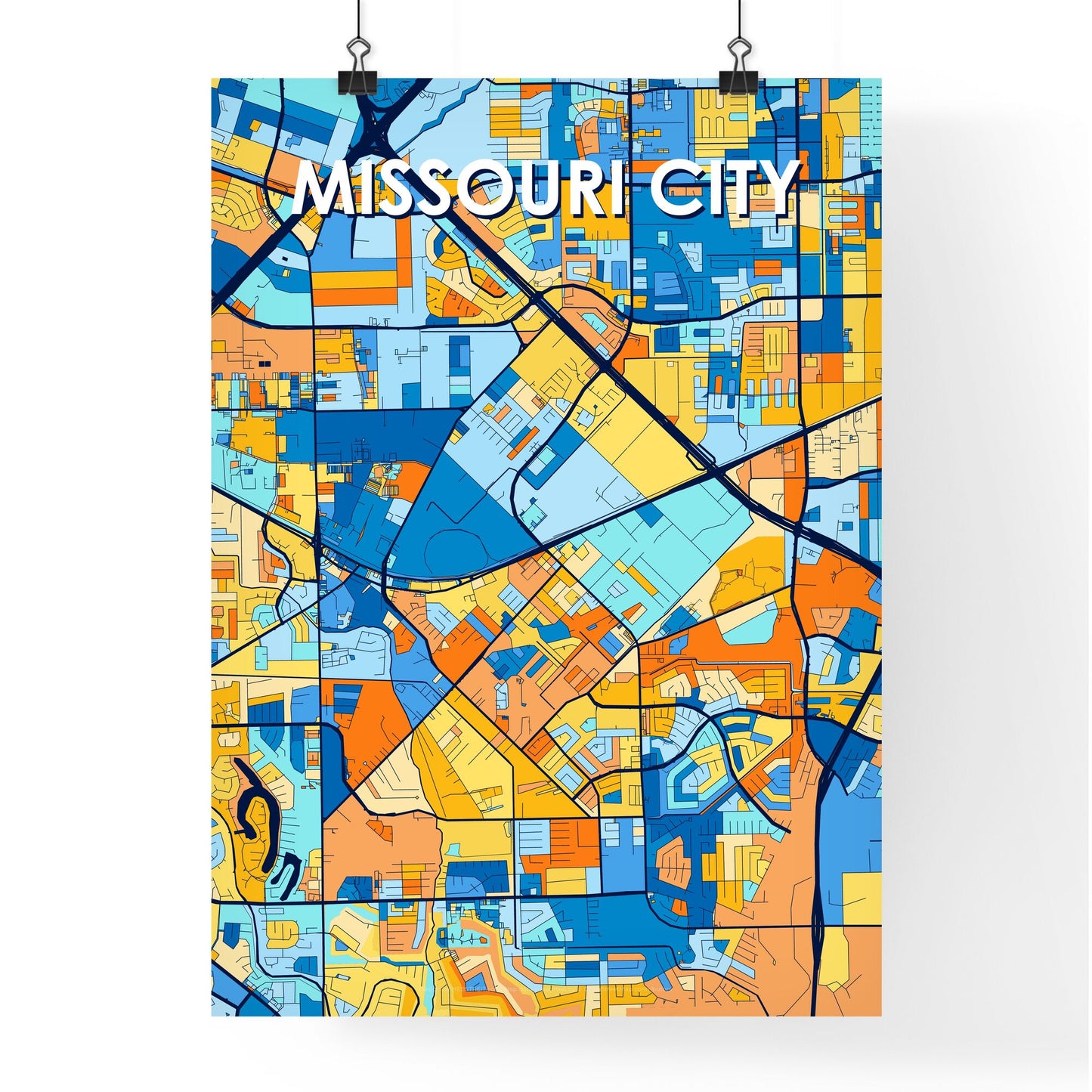 MISSOURI CITY TEXAS Vibrant Colorful Art Map Poster Blue Orange