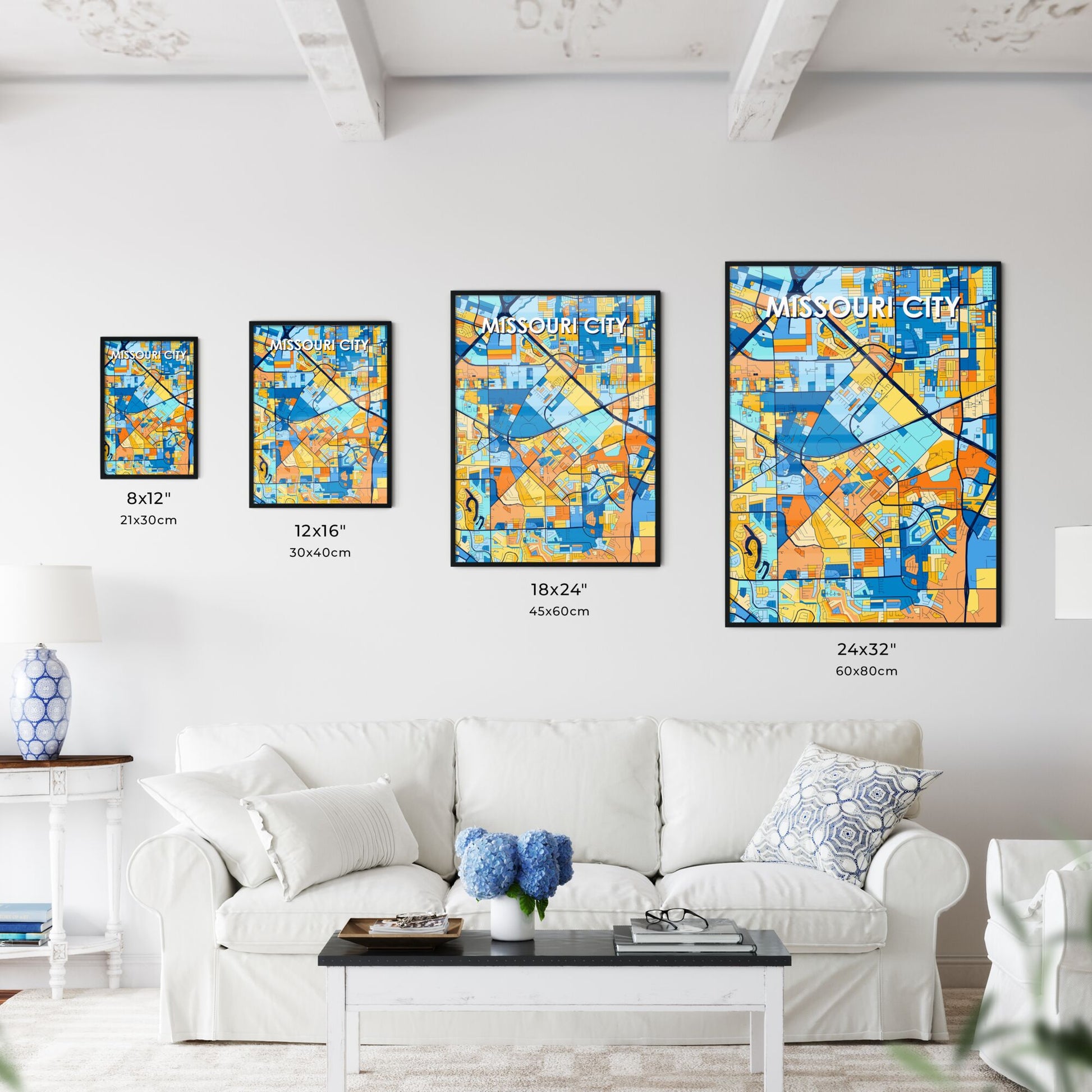 MISSOURI CITY TEXAS Vibrant Colorful Art Map Poster Blue Orange