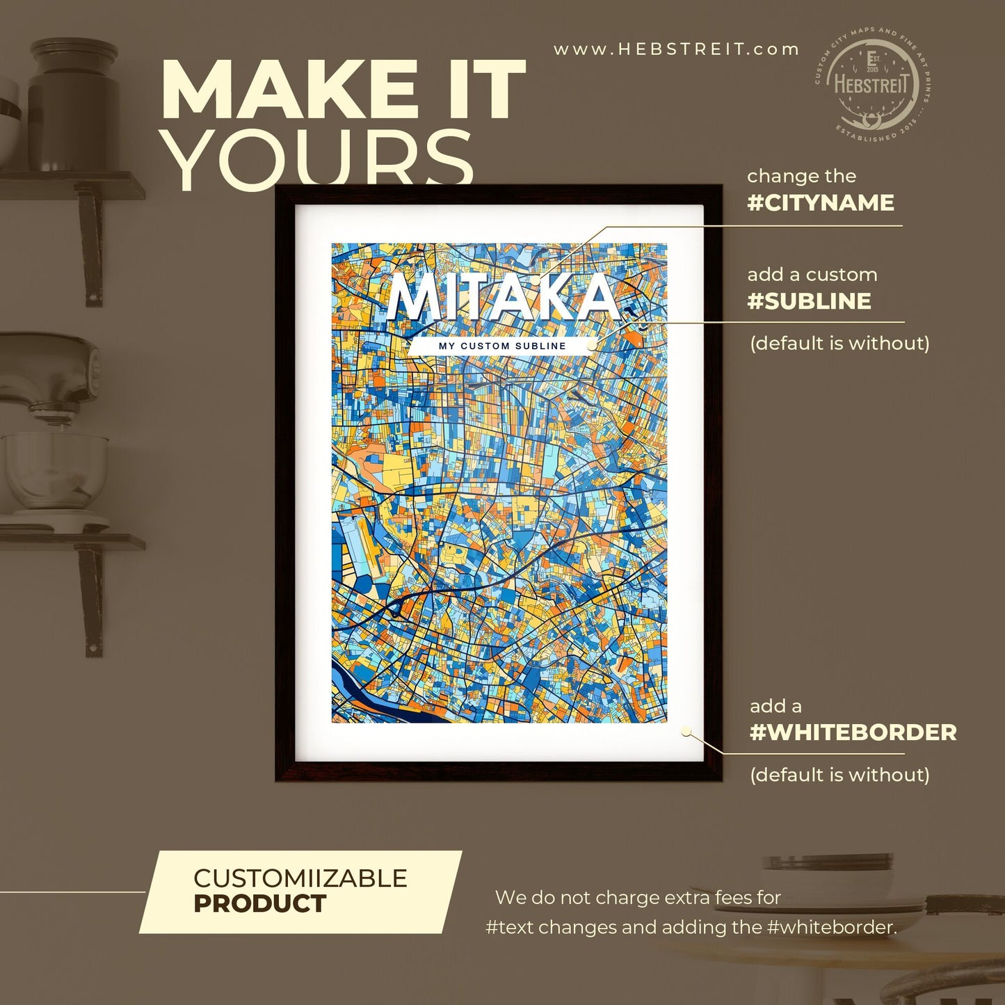 MITAKA JAPAN Vibrant Colorful Art Map Poster Blue Orange