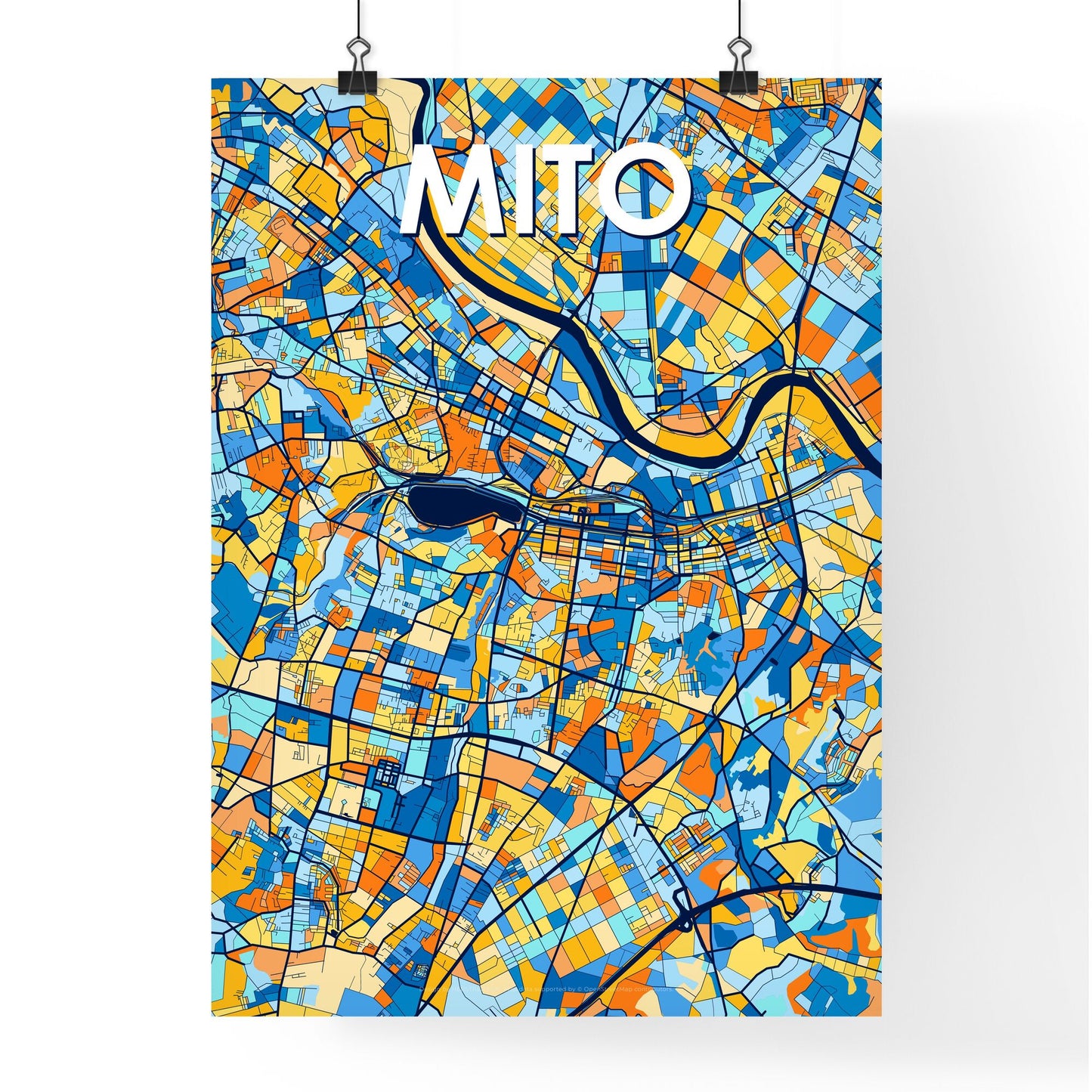 MITO JAPAN Vibrant Colorful Art Map Poster Blue Orange