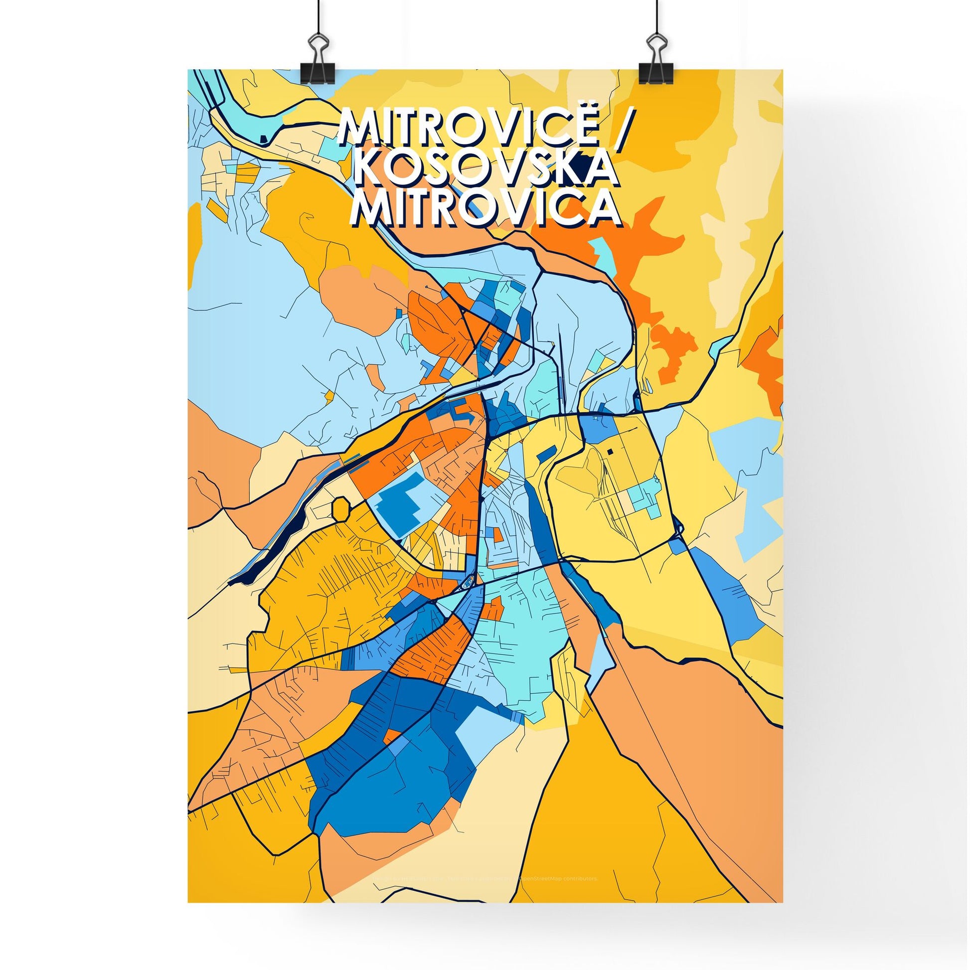 MITROVICË / KOSOVSKA MITROVICA KOSOVO Vibrant Colorful Art Map Poster Blue Orange