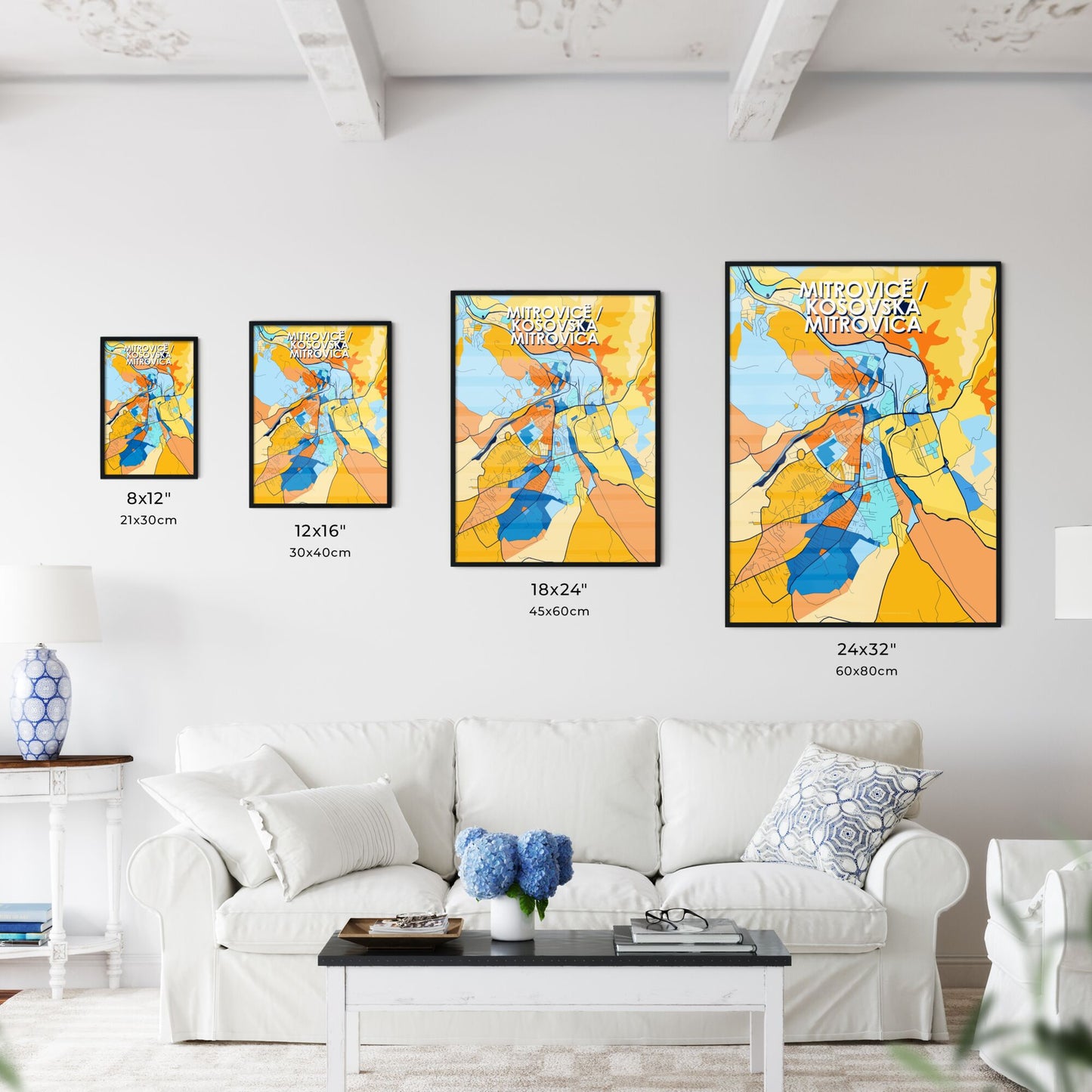 MITROVICË / KOSOVSKA MITROVICA KOSOVO Vibrant Colorful Art Map Poster Blue Orange