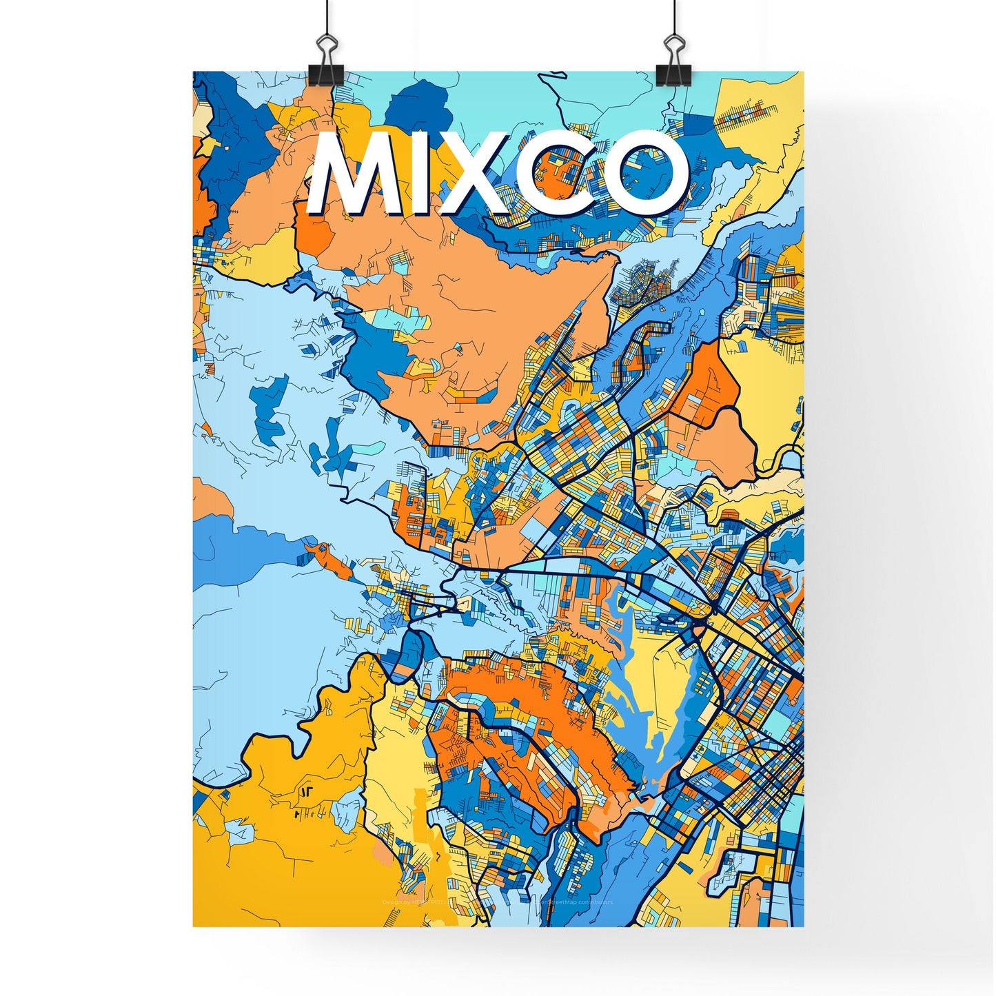 MIXCO GUATEMALA Vibrant Colorful Art Map Poster Blue Orange