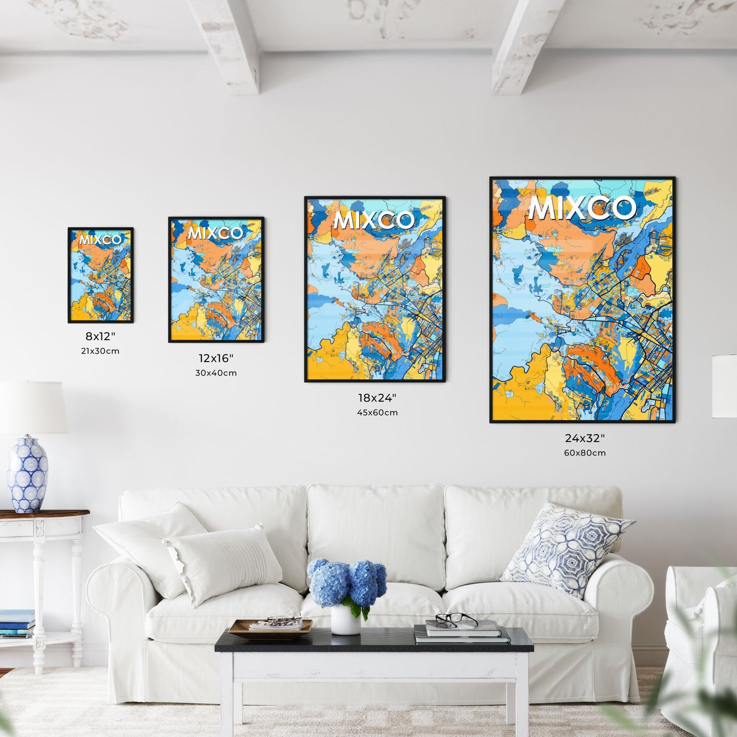 MIXCO GUATEMALA Vibrant Colorful Art Map Poster Blue Orange