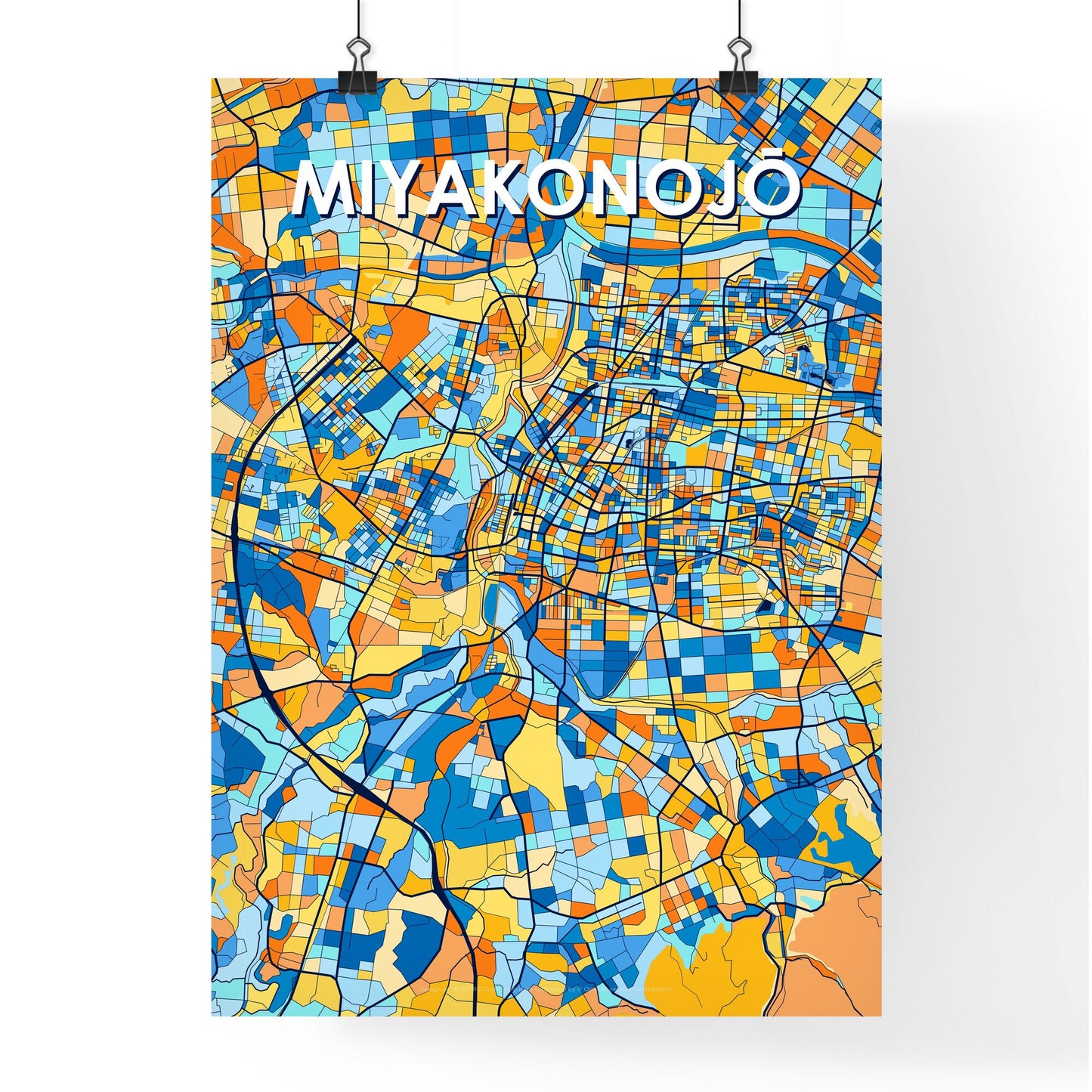 MIYAKONOJŌ JAPAN Vibrant Colorful Art Map Poster Blue Orange