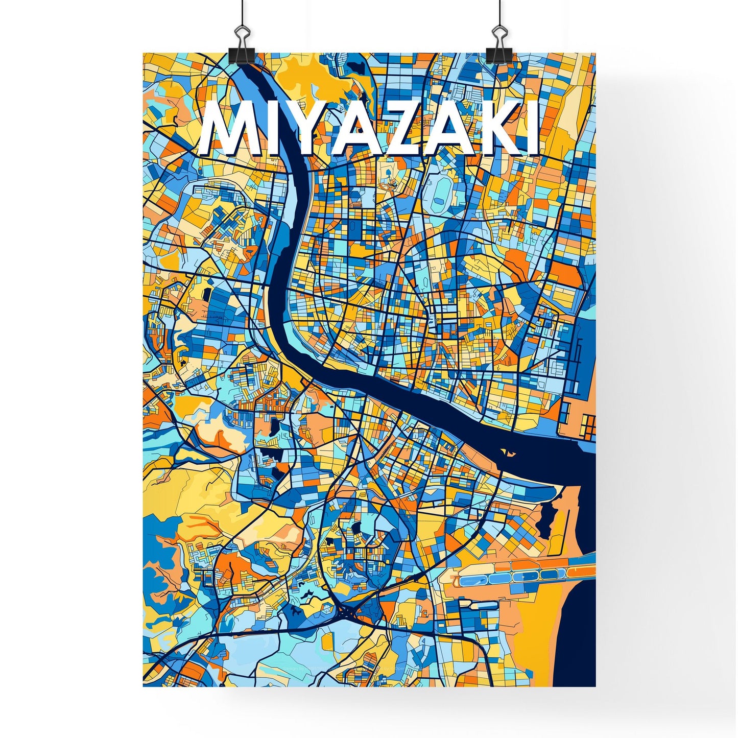 MIYAZAKI JAPAN Vibrant Colorful Art Map Poster Blue Orange