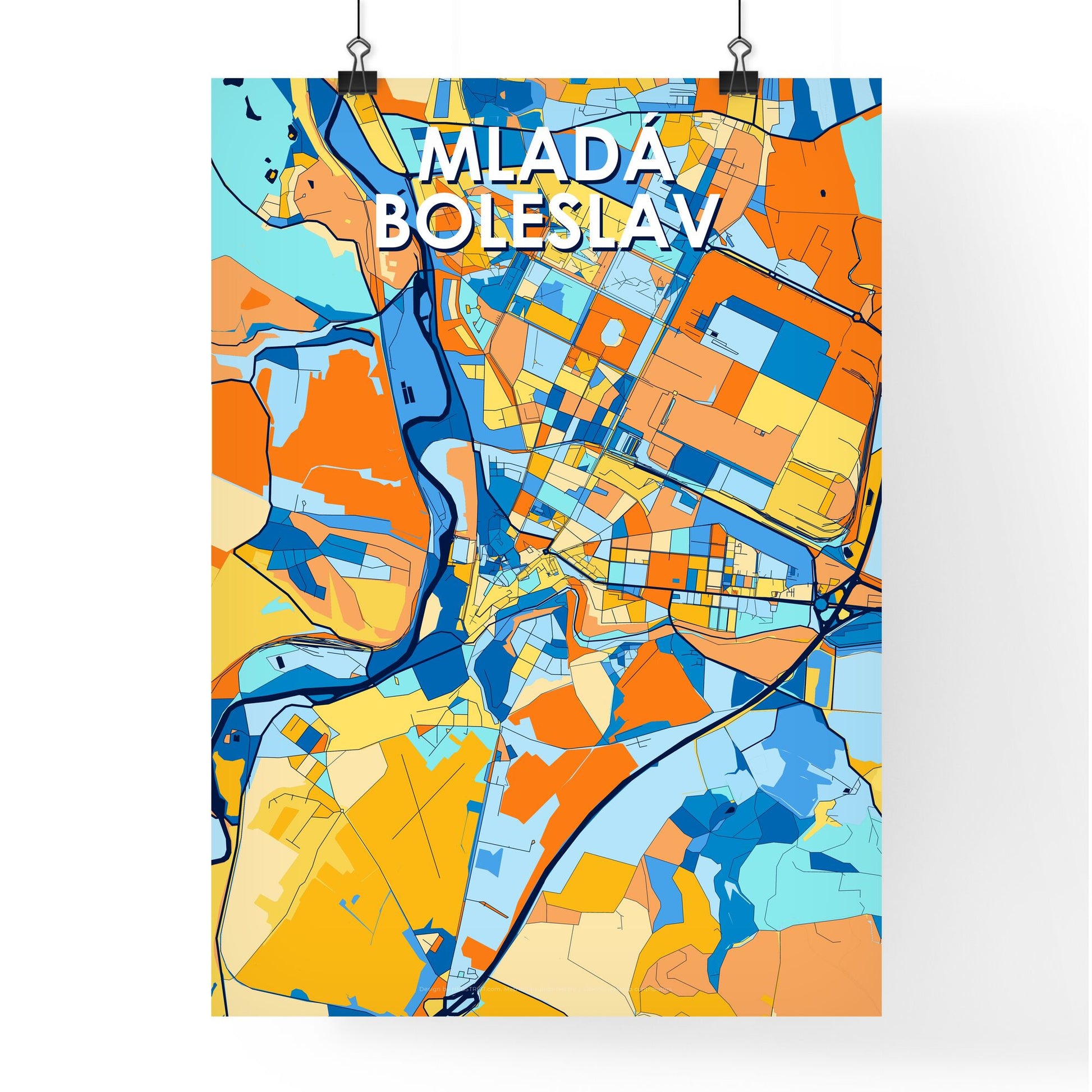 MLADÁ BOLESLAV CZECHIA Vibrant Colorful Art Map Poster Blue Orange