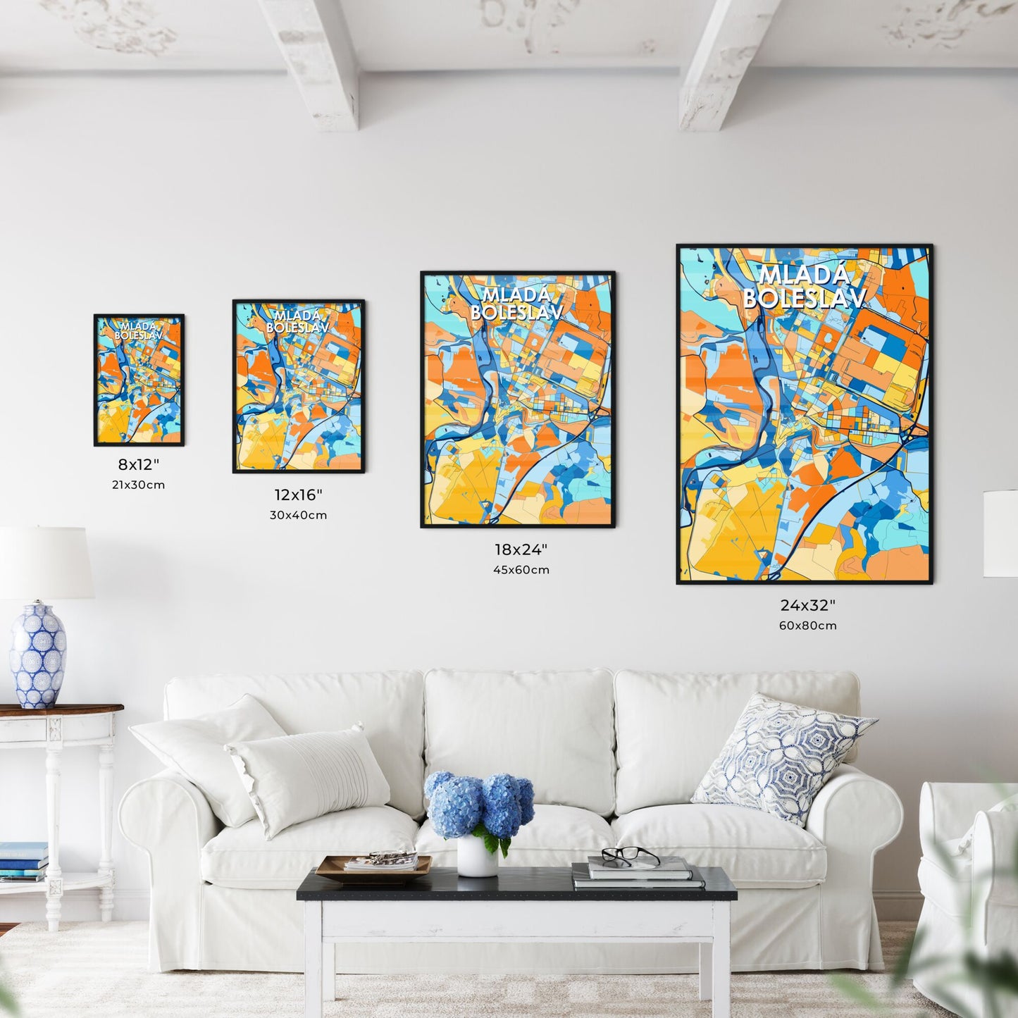 MLADÁ BOLESLAV CZECHIA Vibrant Colorful Art Map Poster Blue Orange