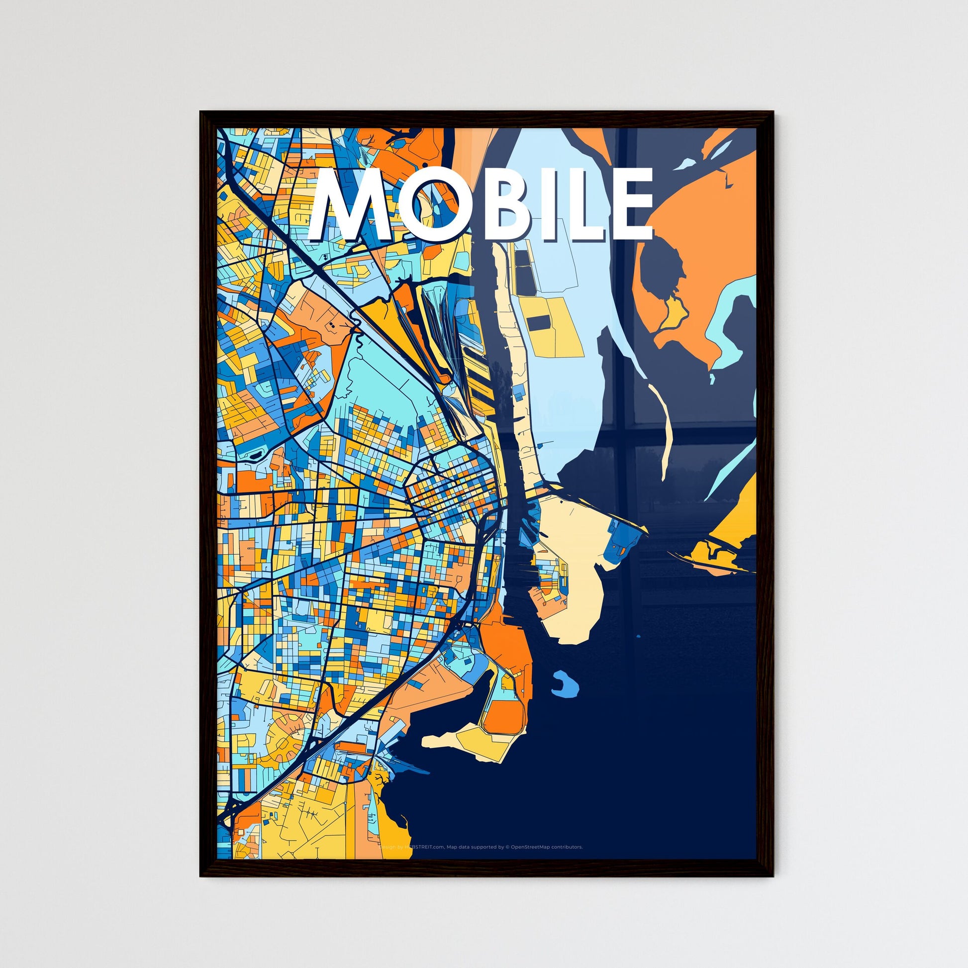 MOBILE ALABAMA Vibrant Colorful Art Map Poster Blue Orange