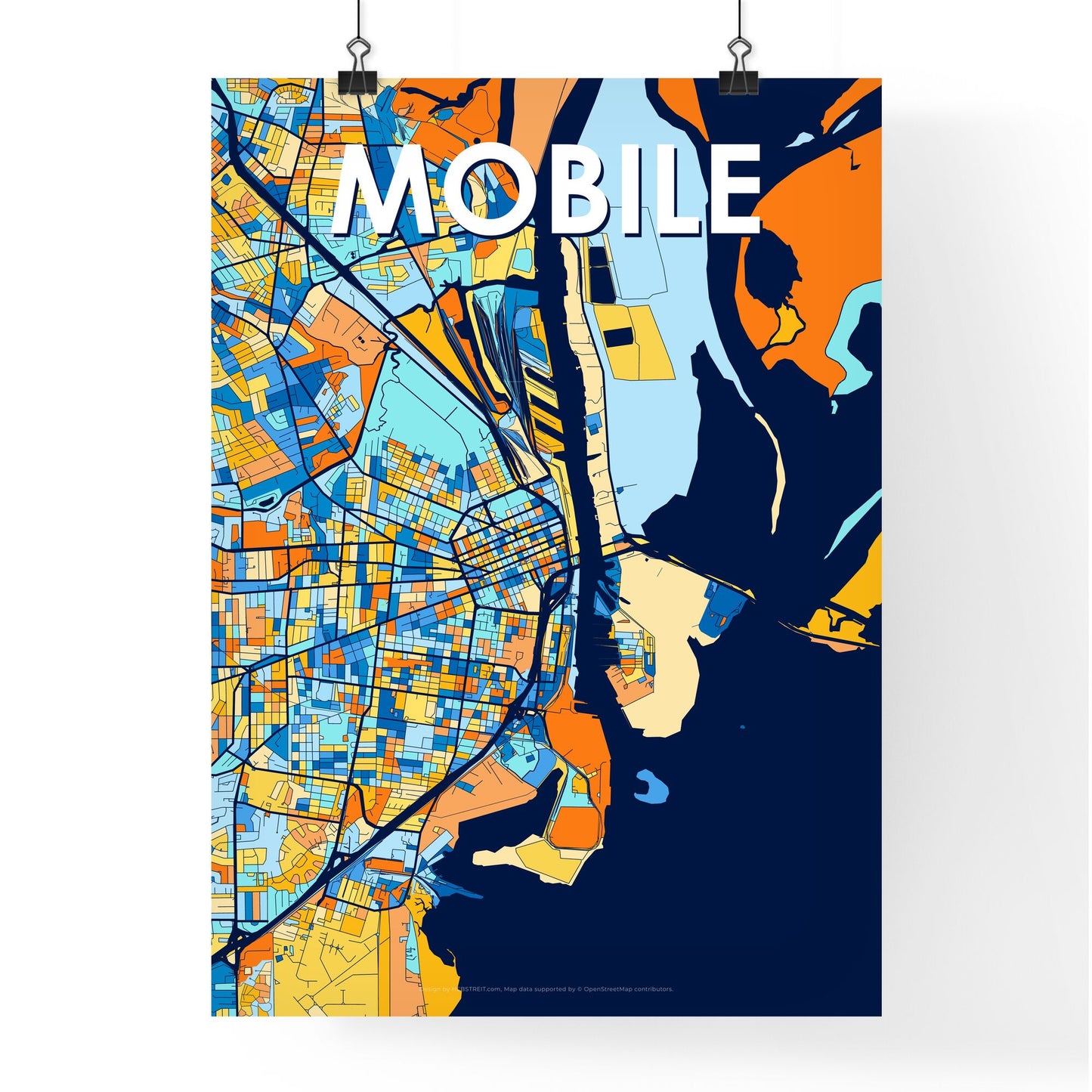 MOBILE ALABAMA Vibrant Colorful Art Map Poster Blue Orange