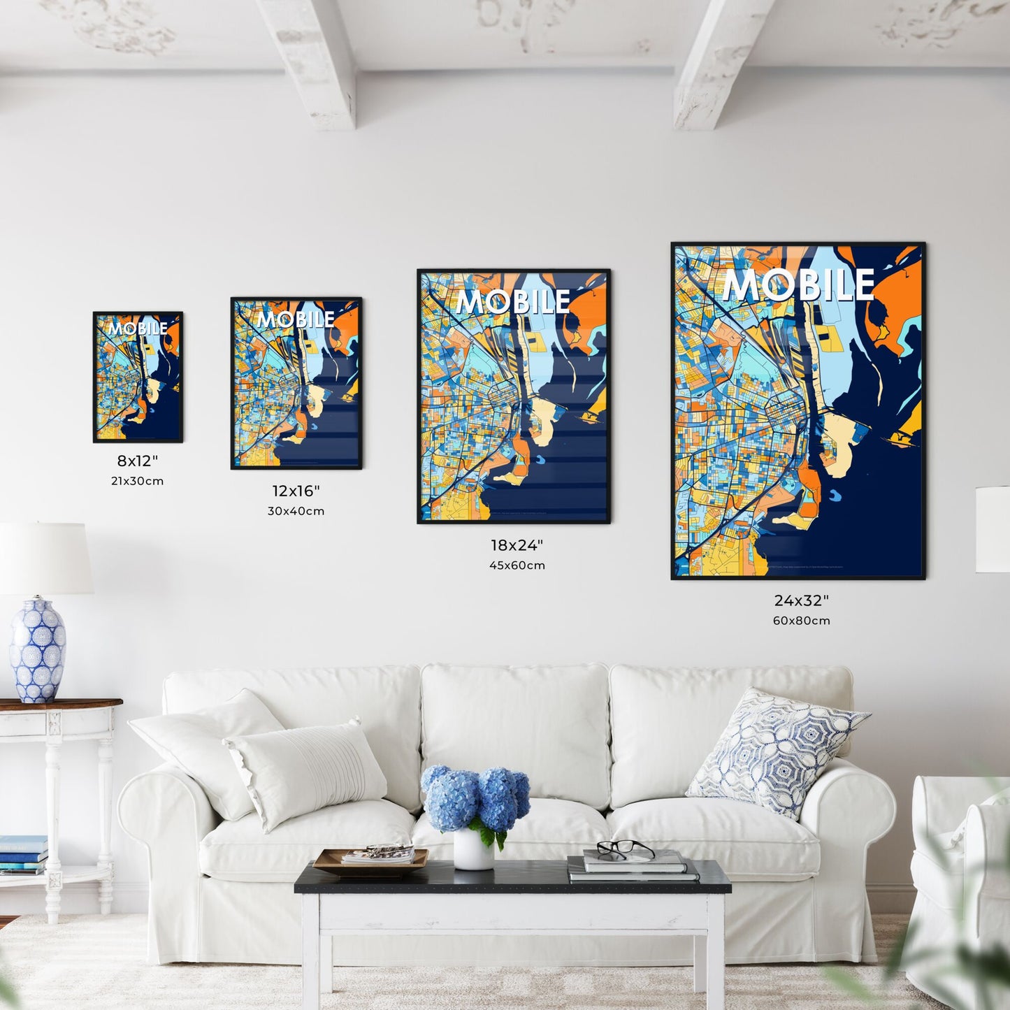 MOBILE ALABAMA Vibrant Colorful Art Map Poster Blue Orange