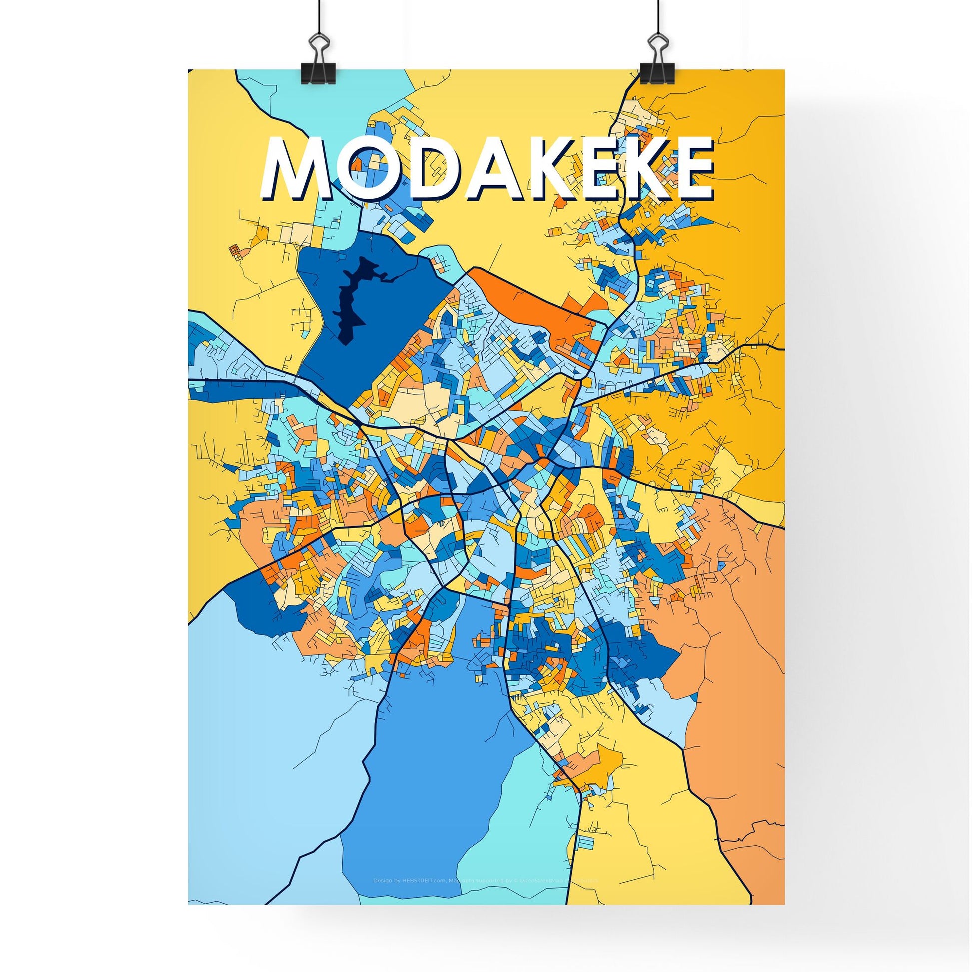 MODAKEKE NIGERIA Vibrant Colorful Art Map Poster Blue Orange