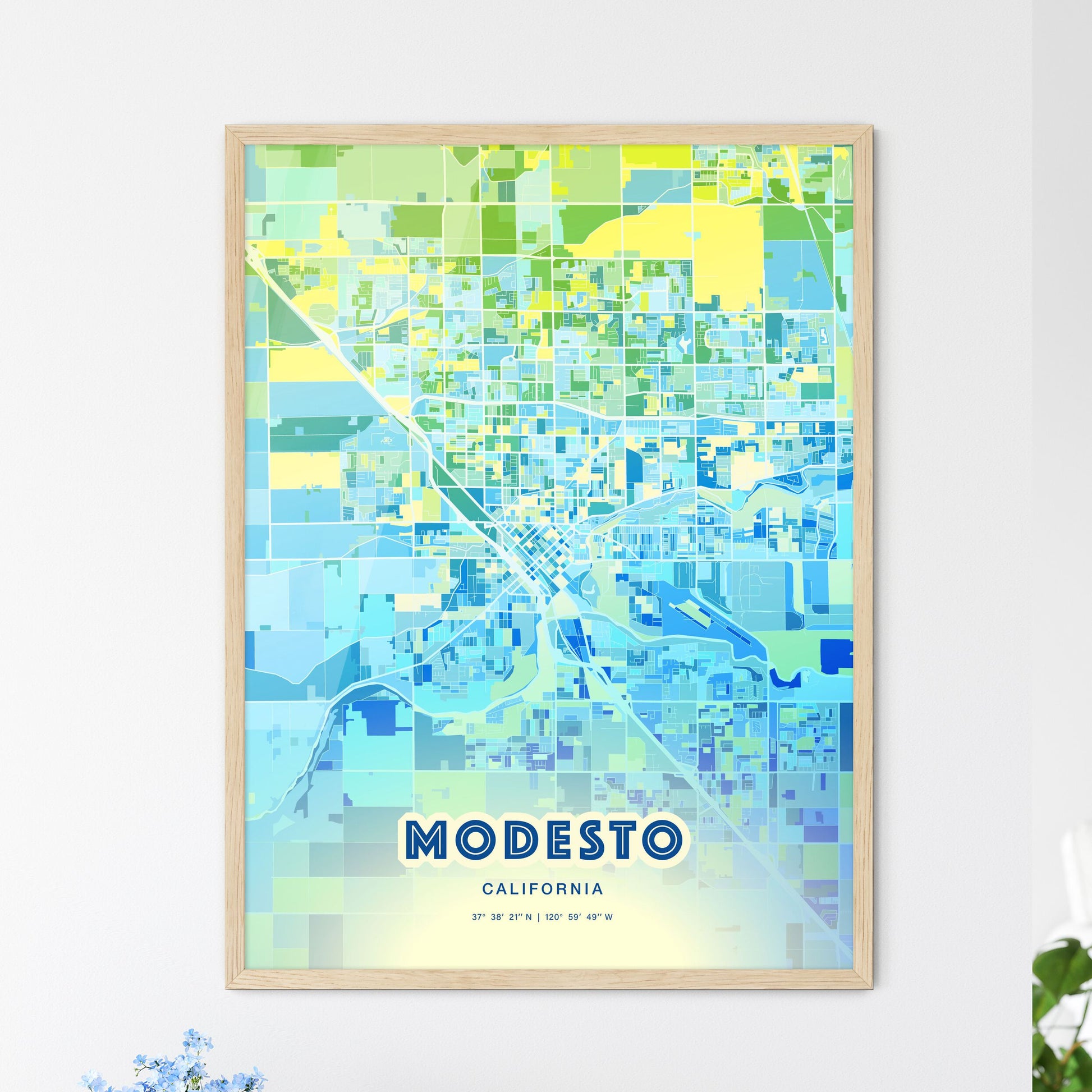 Colorful Modesto California Fine Art Map Cool Blue