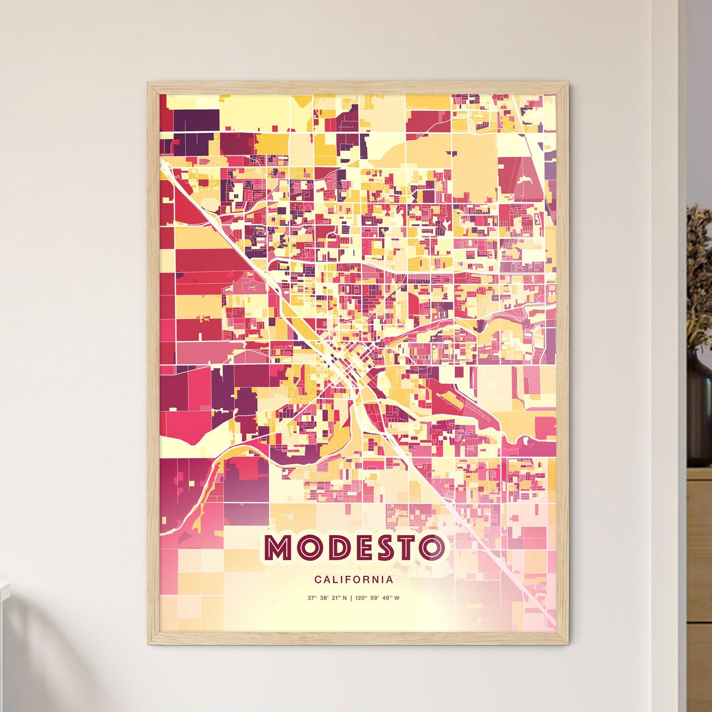 Colorful Modesto California Fine Art Map Hot Red