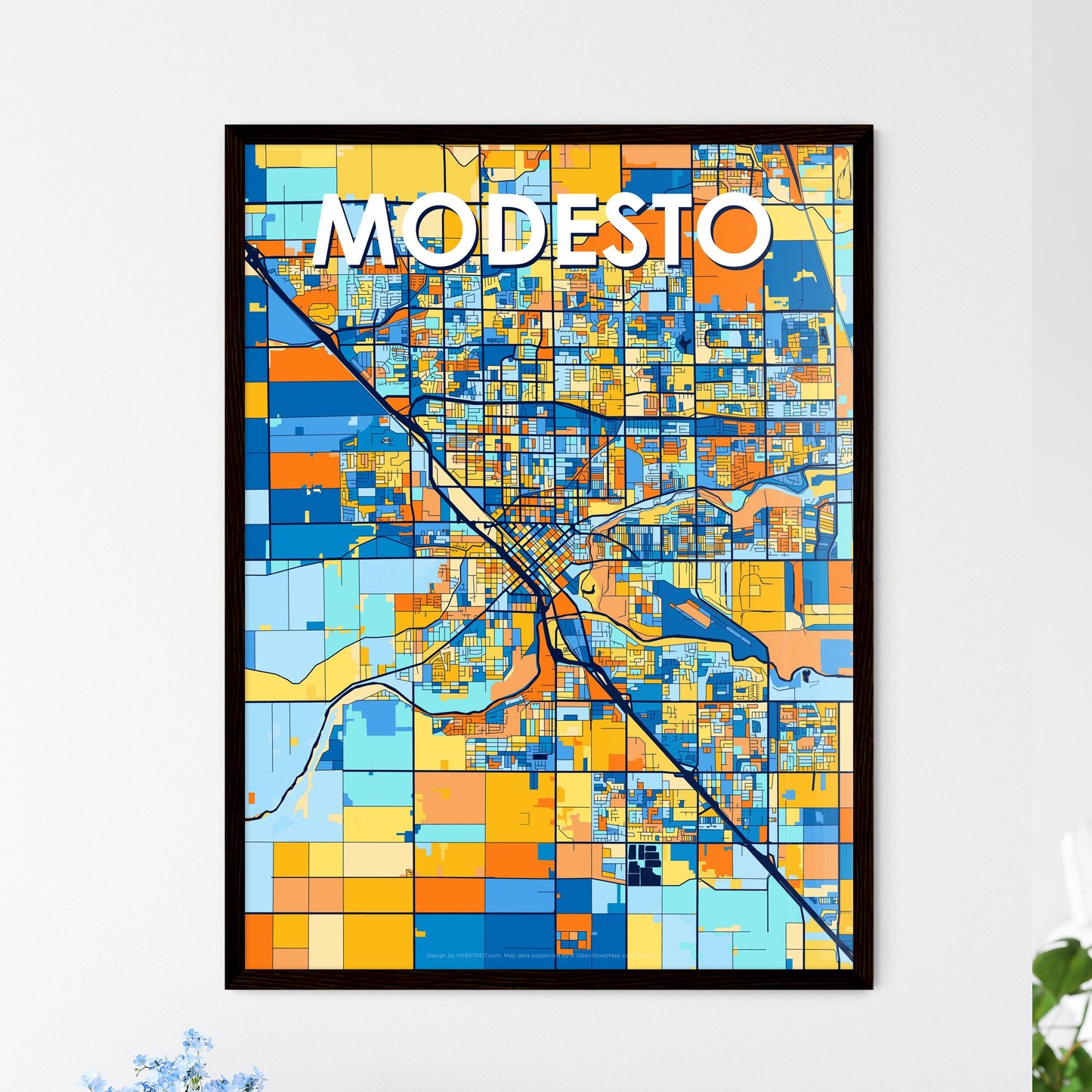 MODESTO CALIFORNIA Vibrant Colorful Art Map Poster Blue Orange