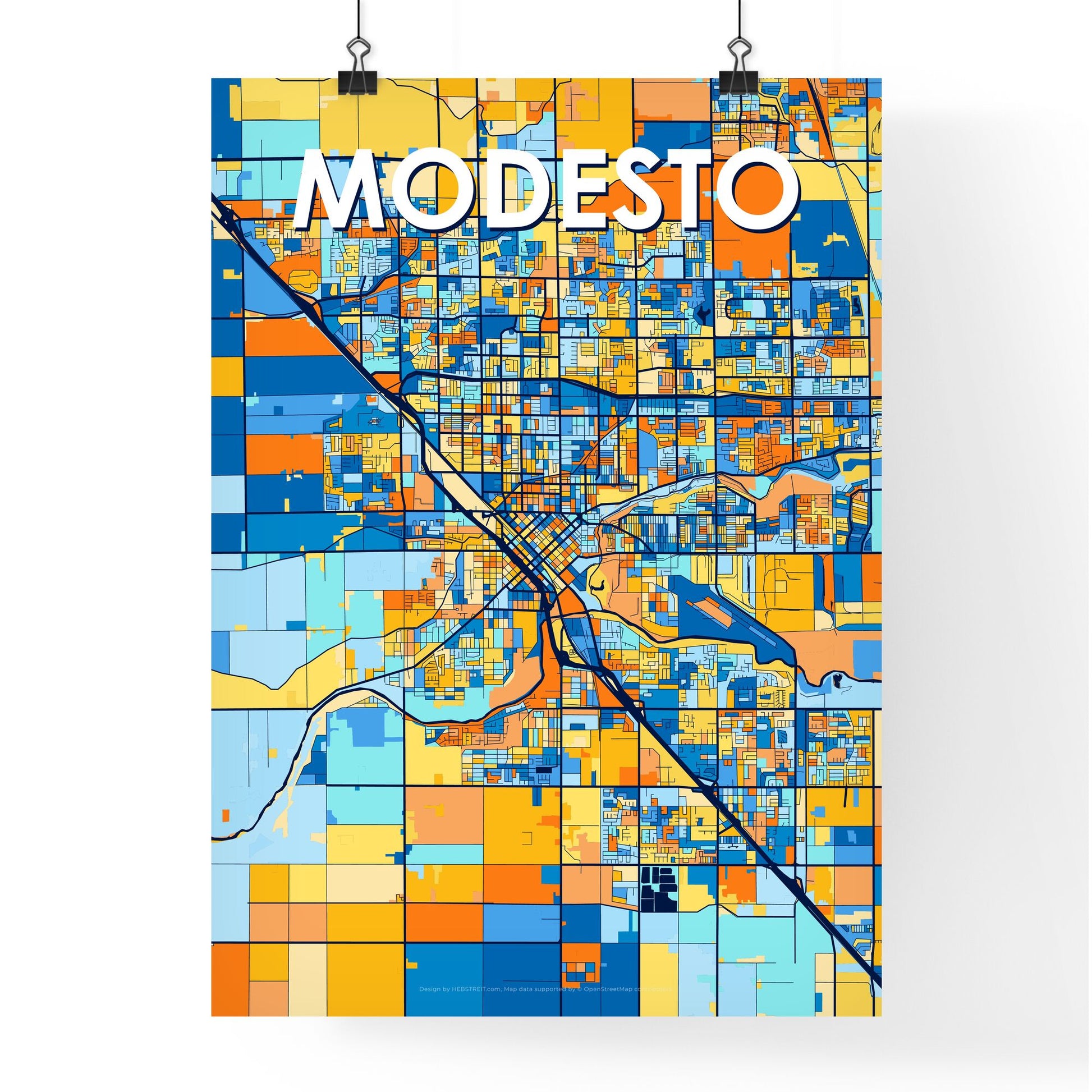 MODESTO CALIFORNIA Vibrant Colorful Art Map Poster Blue Orange