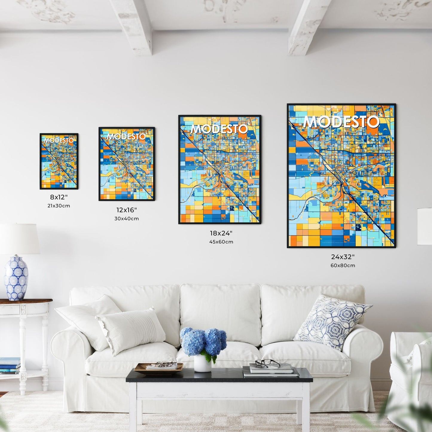 MODESTO CALIFORNIA Vibrant Colorful Art Map Poster Blue Orange