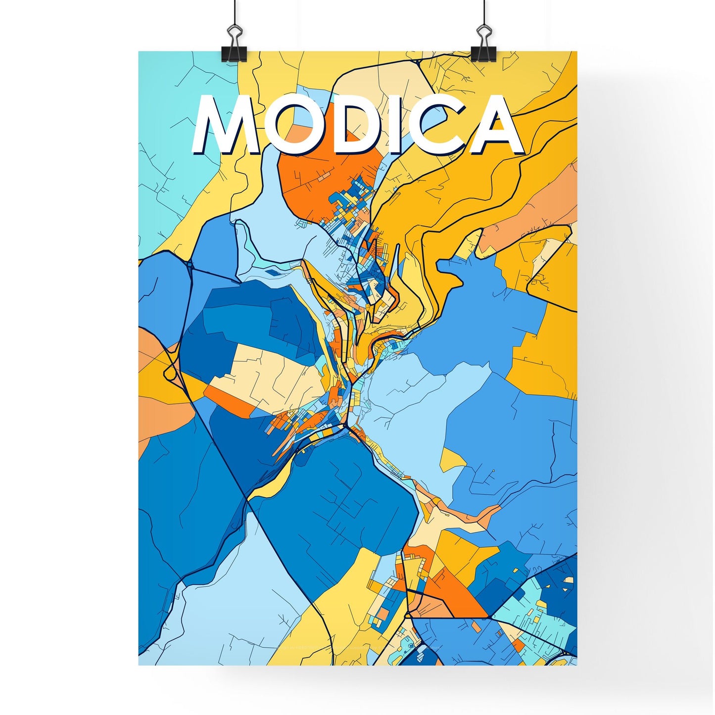 MODICA ITALY Vibrant Colorful Art Map Poster Blue Orange