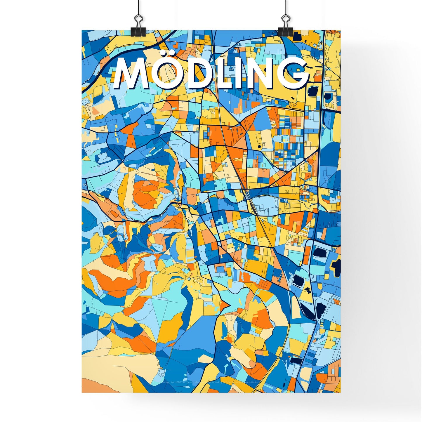 MÖDLING AUSTRIA Vibrant Colorful Art Map Poster Blue Orange