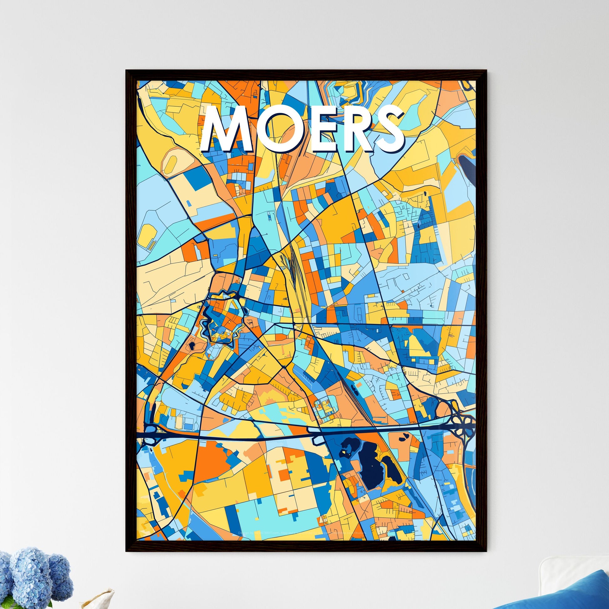 MOERS GERMANY Vibrant Colorful Art Map Poster Blue Orange