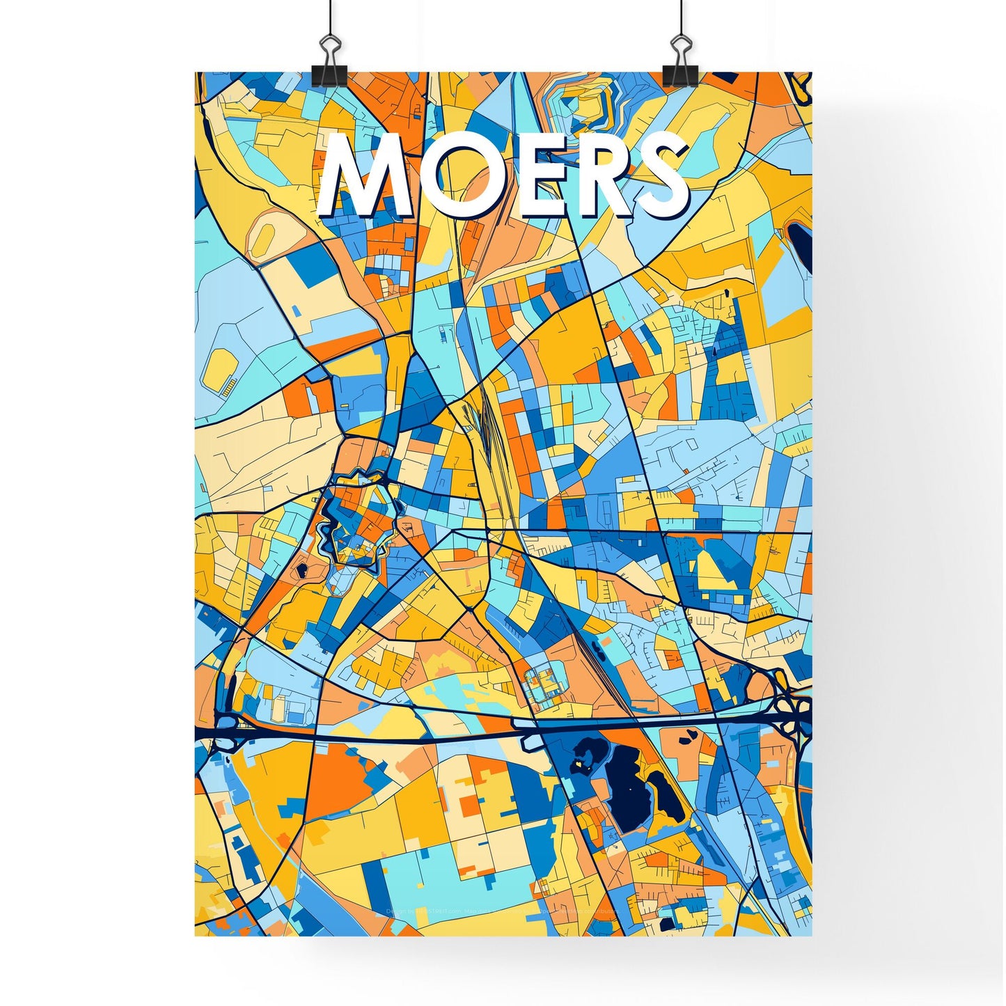 MOERS GERMANY Vibrant Colorful Art Map Poster Blue Orange