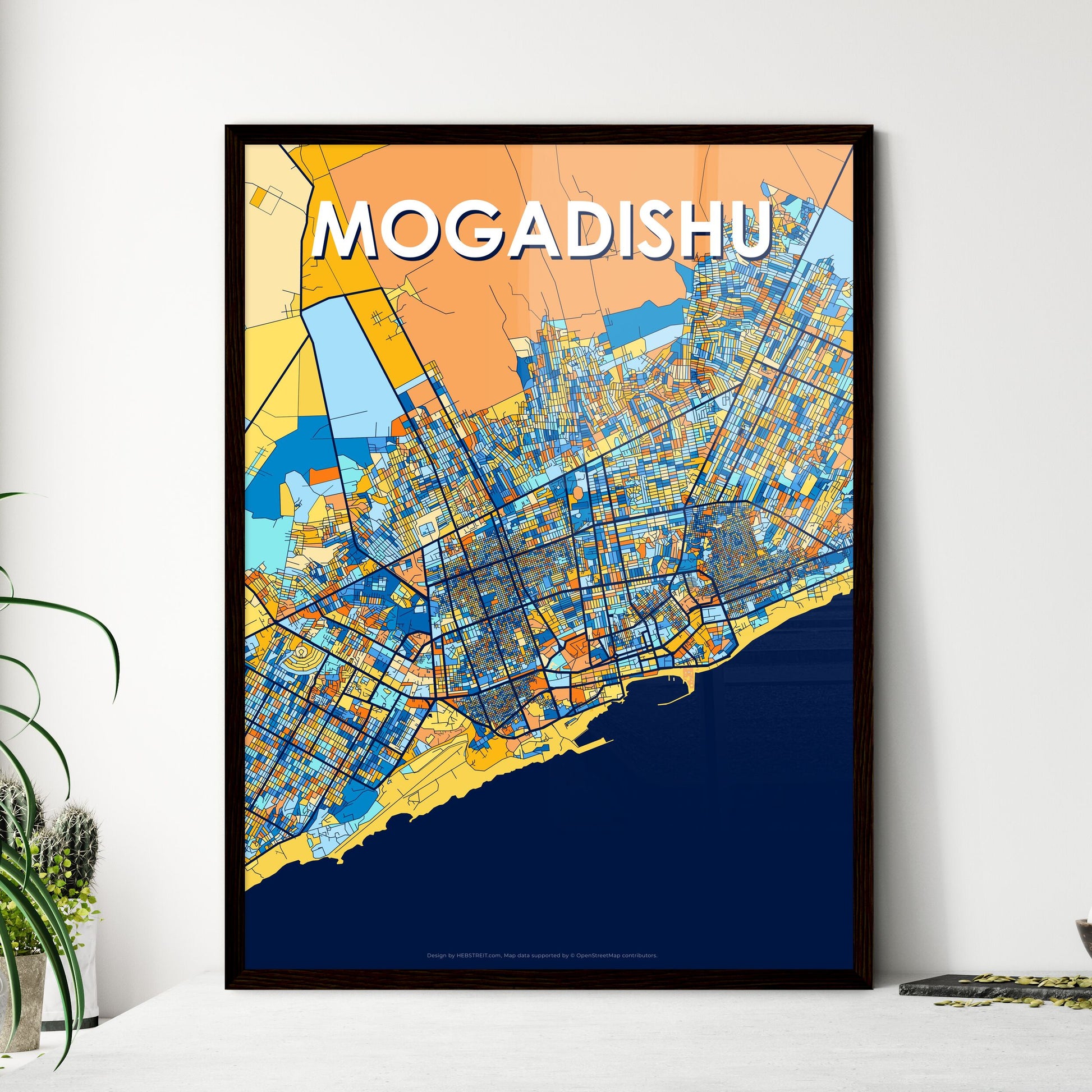 MOGADISHU SOMALIA Vibrant Colorful Art Map Poster Blue Orange