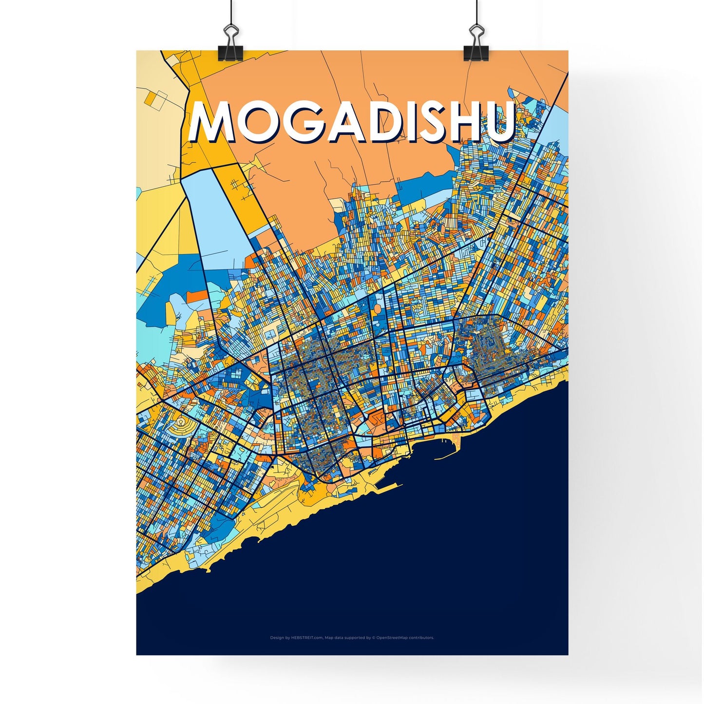 MOGADISHU SOMALIA Vibrant Colorful Art Map Poster Blue Orange