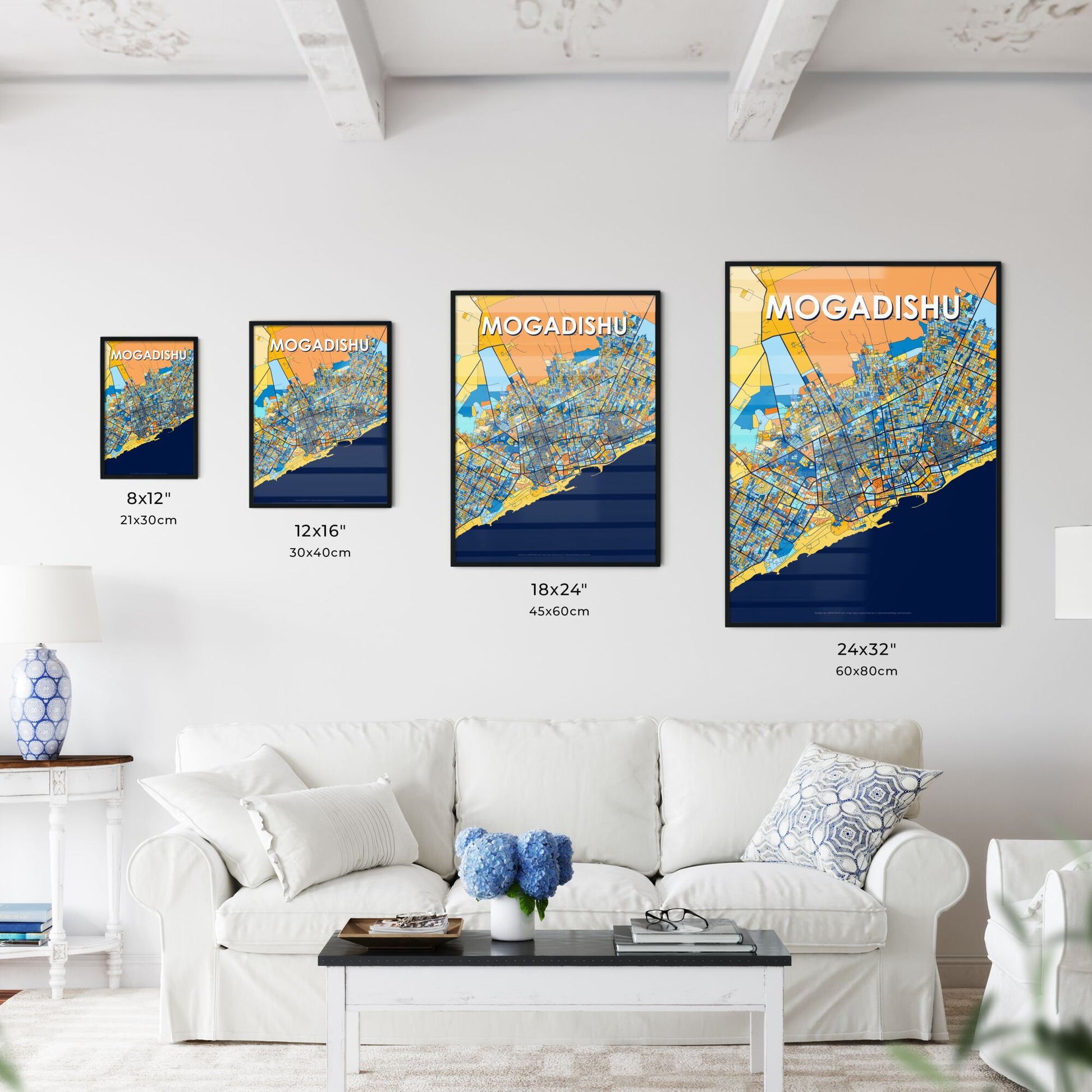 MOGADISHU SOMALIA Vibrant Colorful Art Map Poster Blue Orange