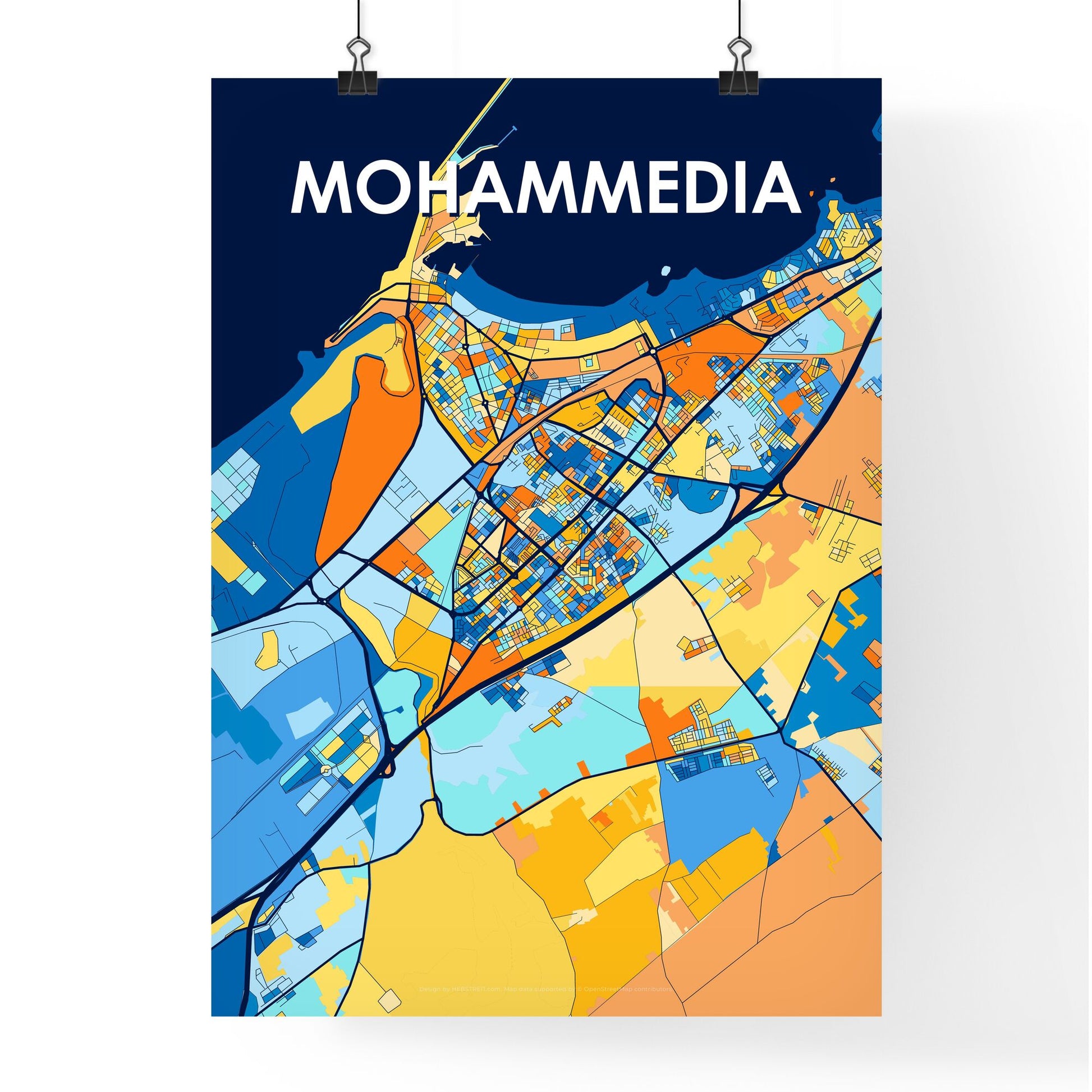 MOHAMMEDIA MOROCCO Vibrant Colorful Art Map Poster Blue Orange