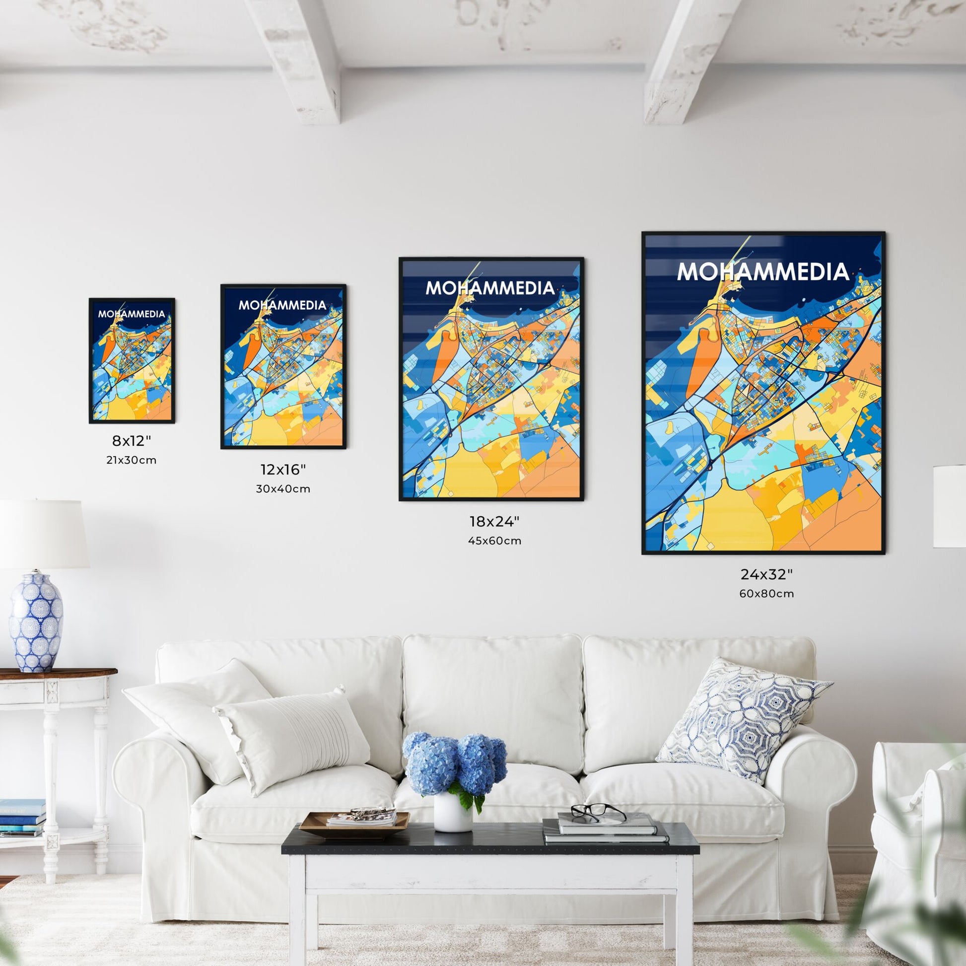 MOHAMMEDIA MOROCCO Vibrant Colorful Art Map Poster Blue Orange