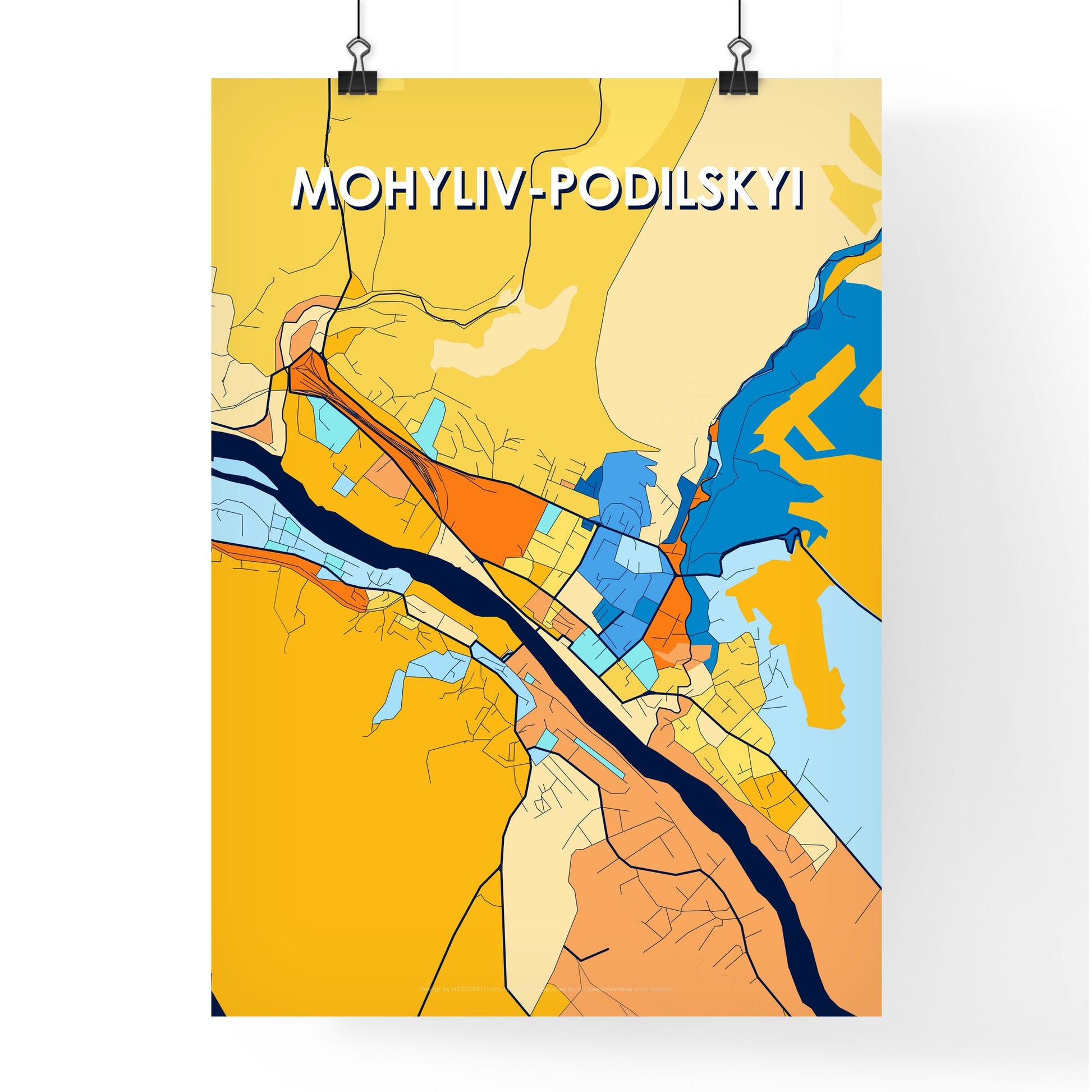 MOHYLIV-PODILSKYI UKRAINE Vibrant Colorful Art Map Poster Blue Orange