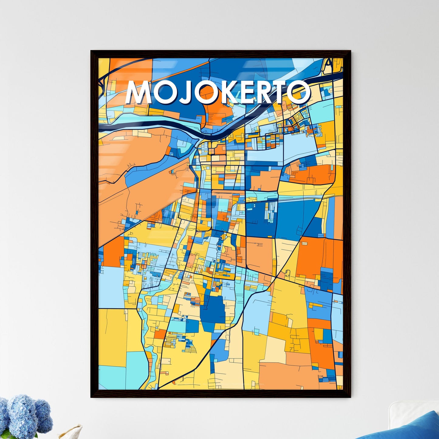 MOJOKERTO INDONESIA Vibrant Colorful Art Map Poster Blue Orange