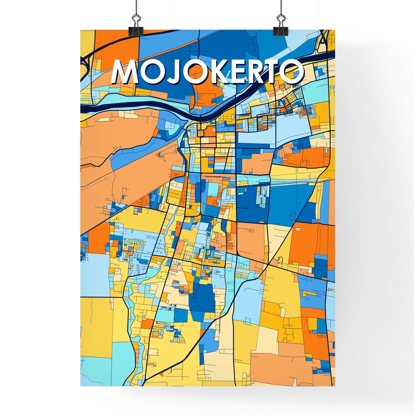 MOJOKERTO INDONESIA Vibrant Colorful Art Map Poster Blue Orange