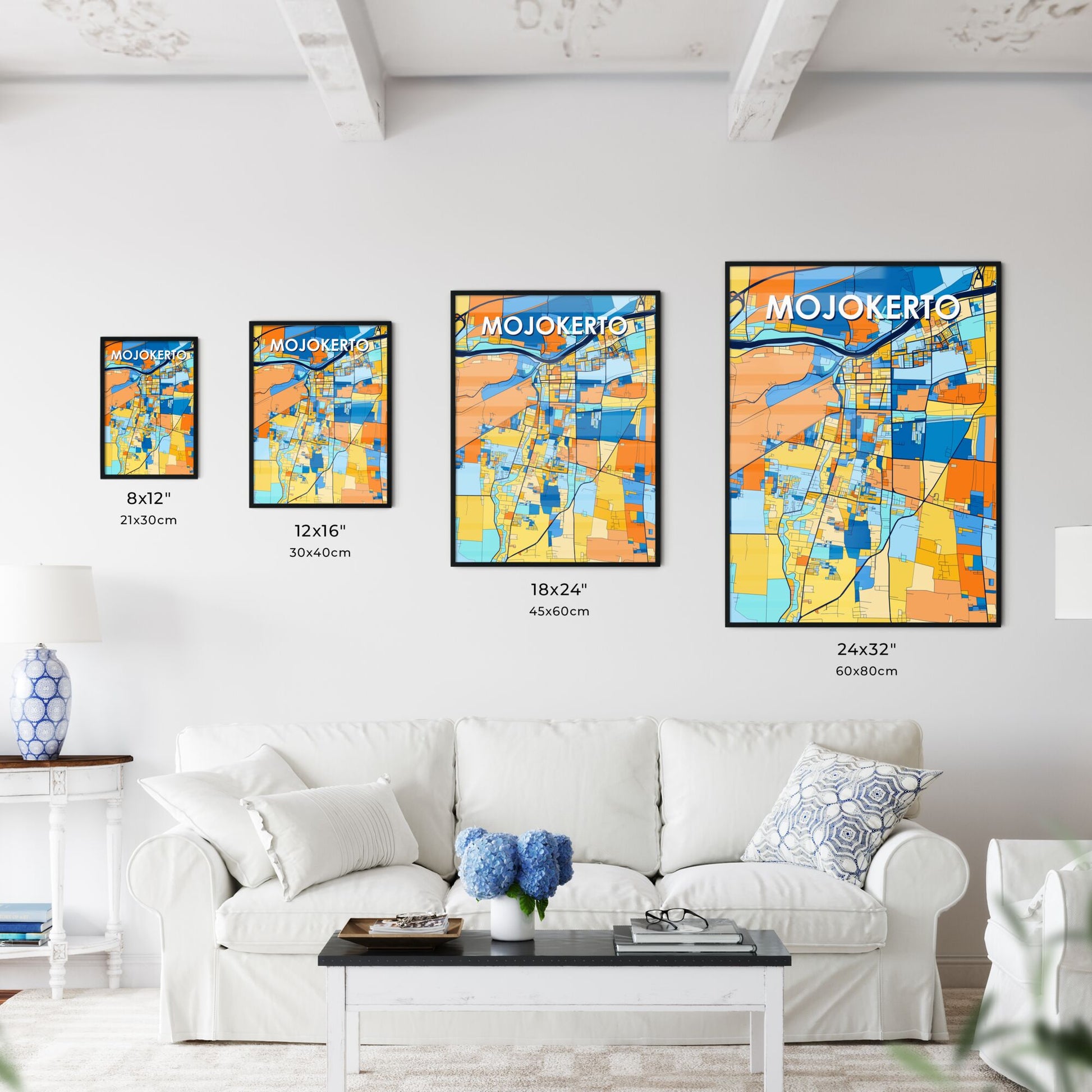 MOJOKERTO INDONESIA Vibrant Colorful Art Map Poster Blue Orange