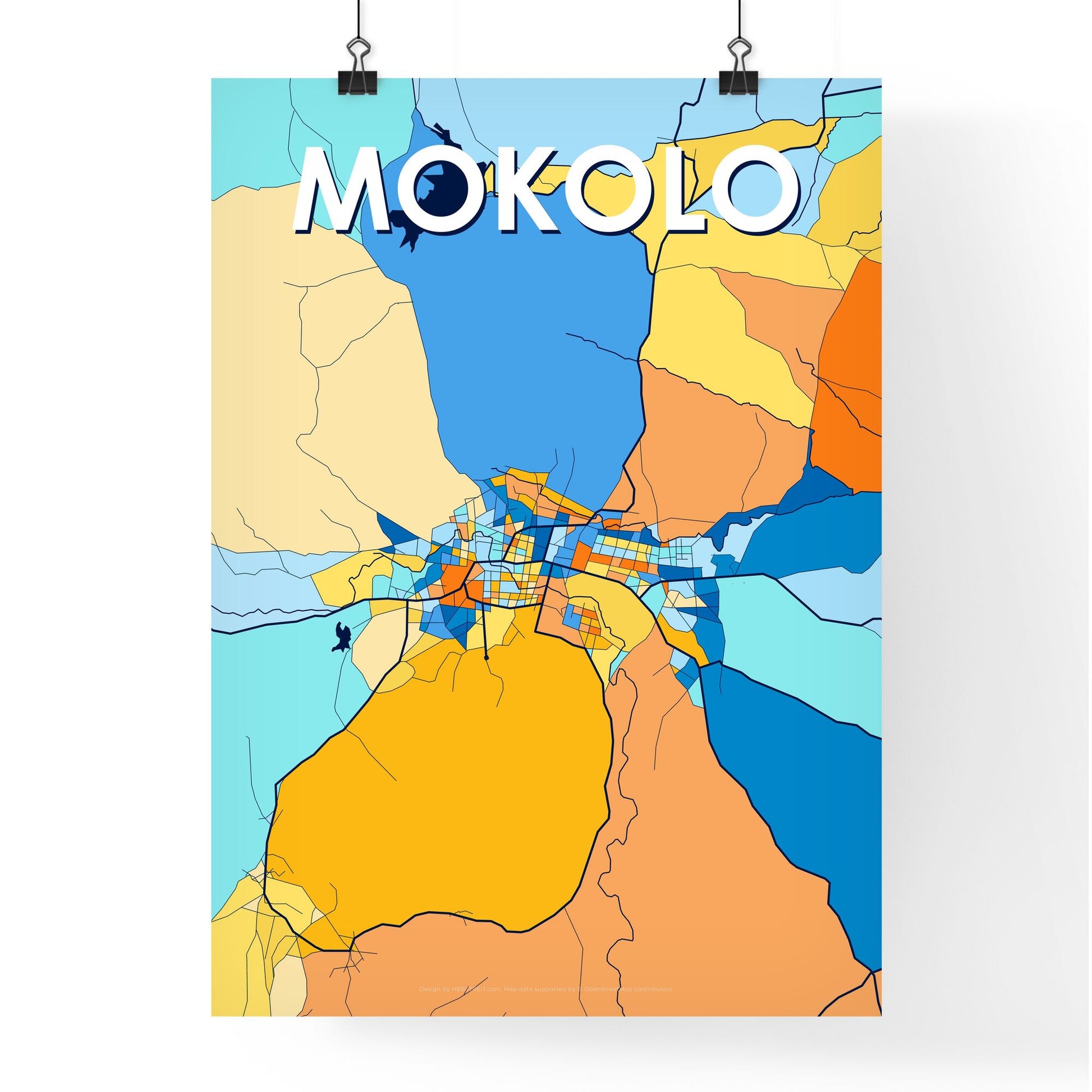 MOKOLO CAMEROON Vibrant Colorful Art Map Poster Blue Orange