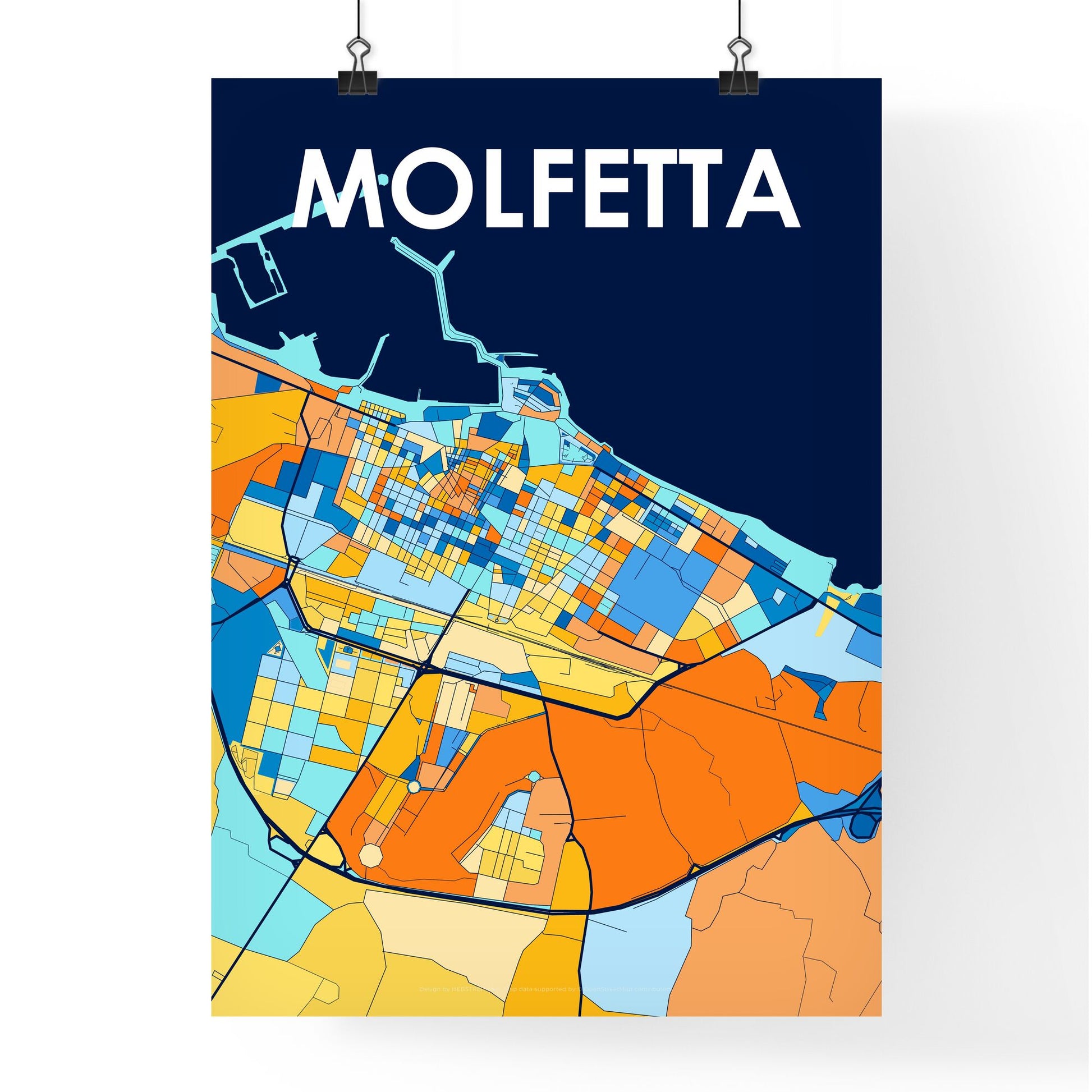 MOLFETTA ITALY Vibrant Colorful Art Map Poster Blue Orange