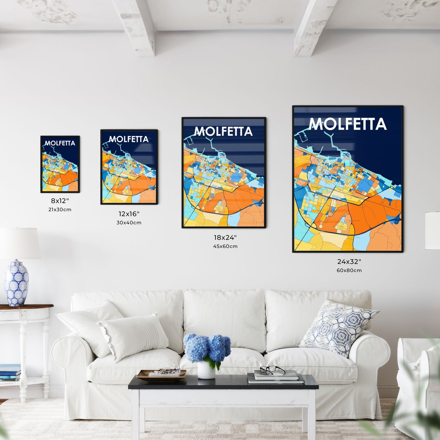 MOLFETTA ITALY Vibrant Colorful Art Map Poster Blue Orange