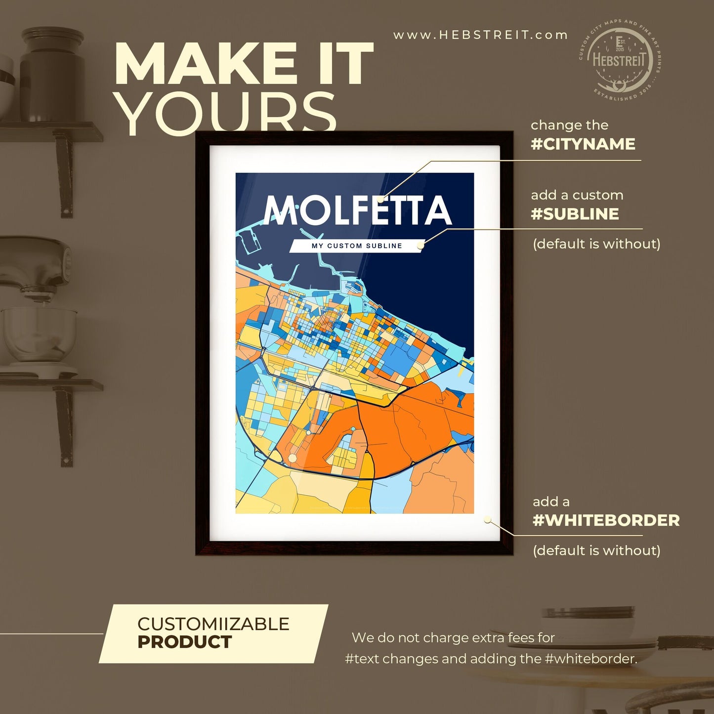 MOLFETTA ITALY Vibrant Colorful Art Map Poster Blue Orange