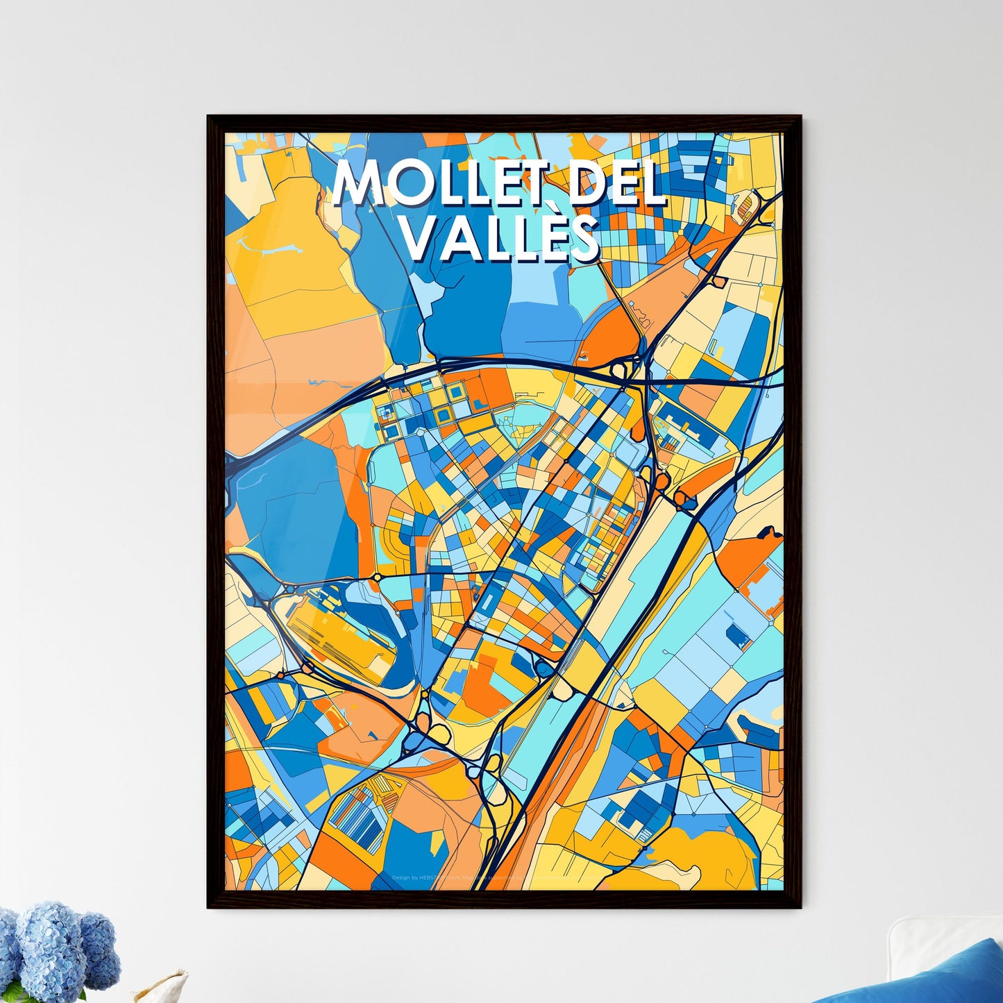 MOLLET DEL VALLÈS SPAIN Vibrant Colorful Art Map Poster Blue Orange