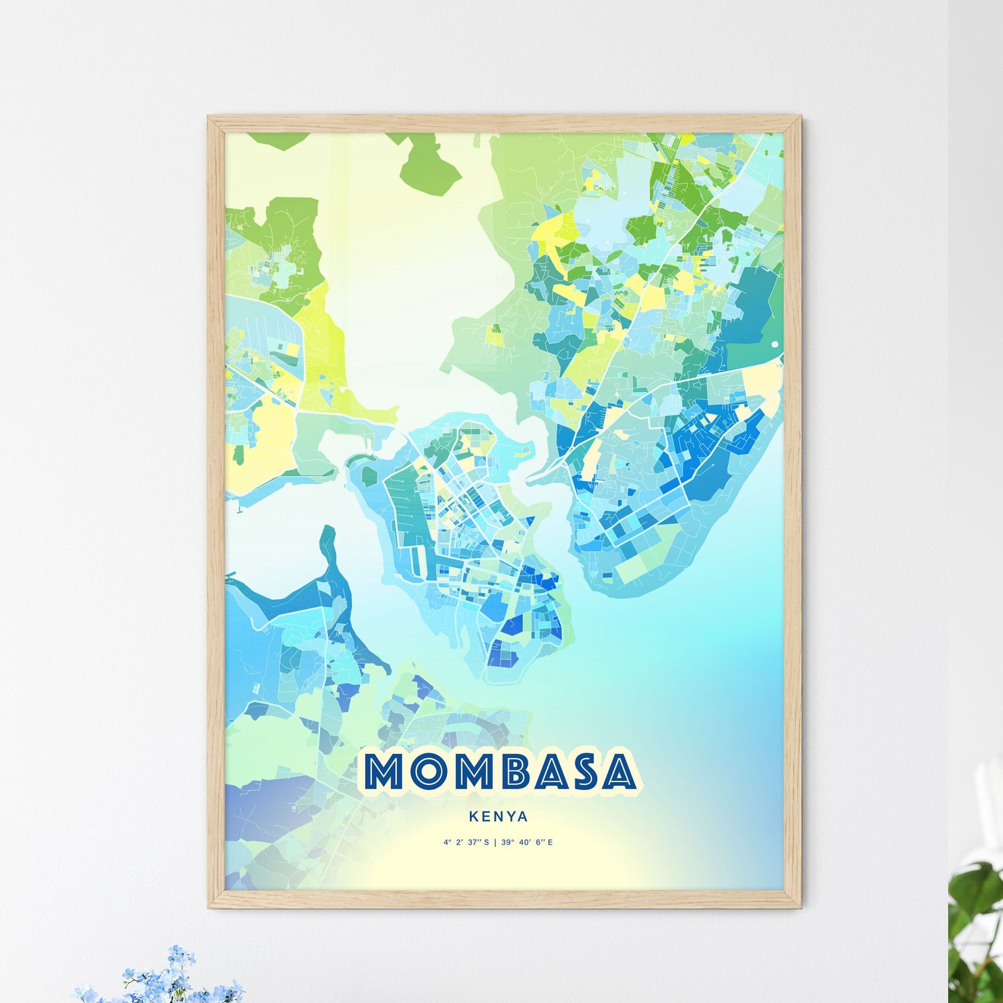 Colorful Mombasa Kenya Fine Art Map Cool Blue