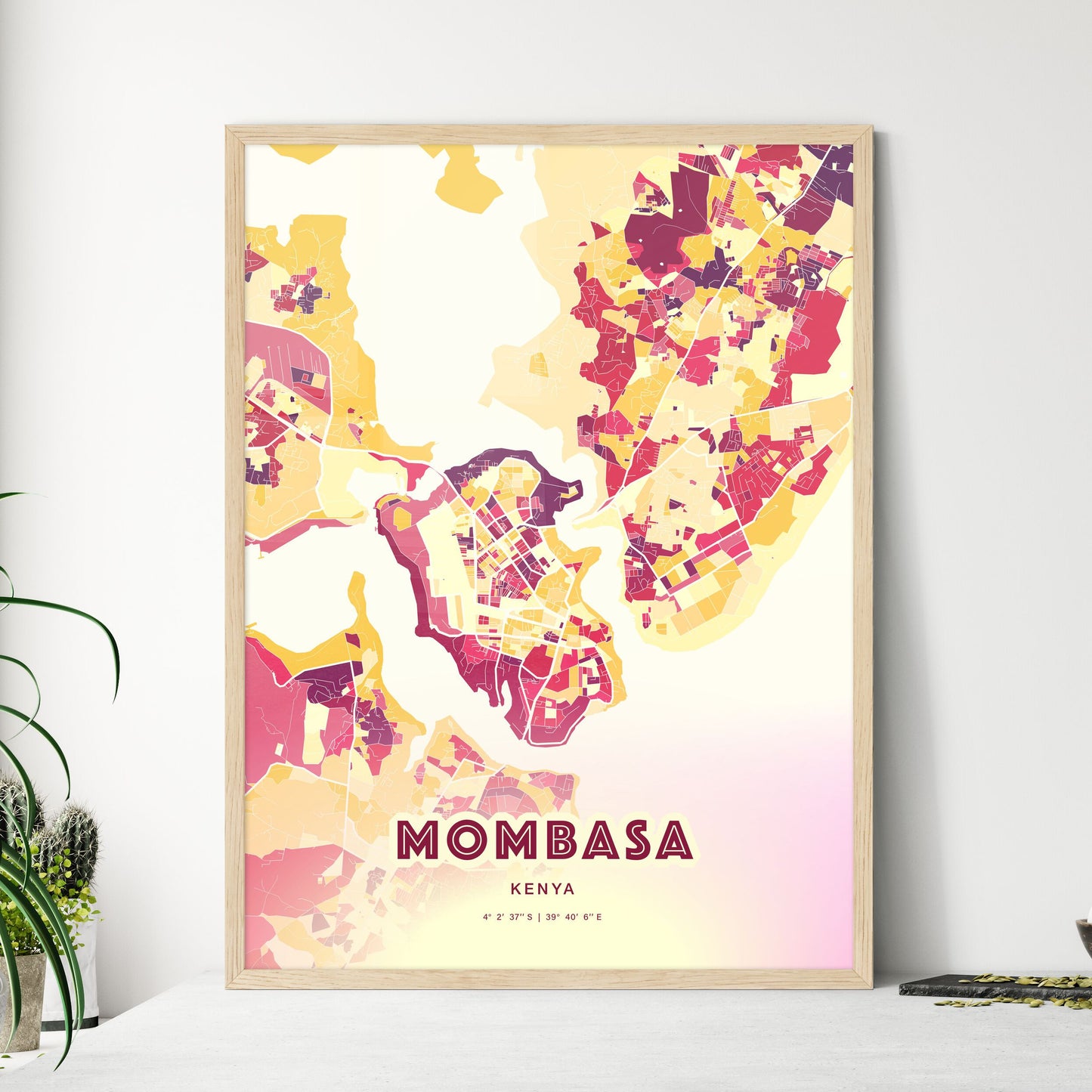 Colorful Mombasa Kenya Fine Art Map Hot Red