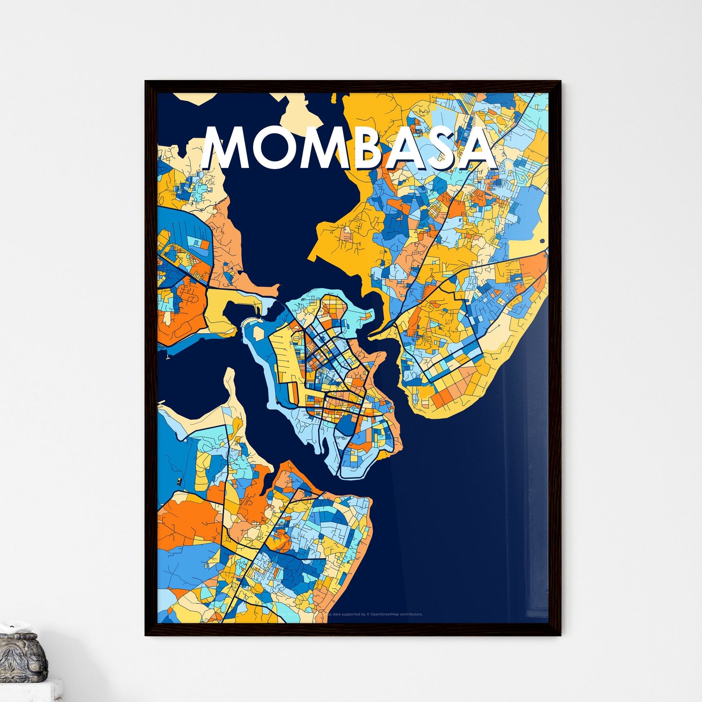 MOMBASA KENYA Vibrant Colorful Art Map Poster Blue Orange