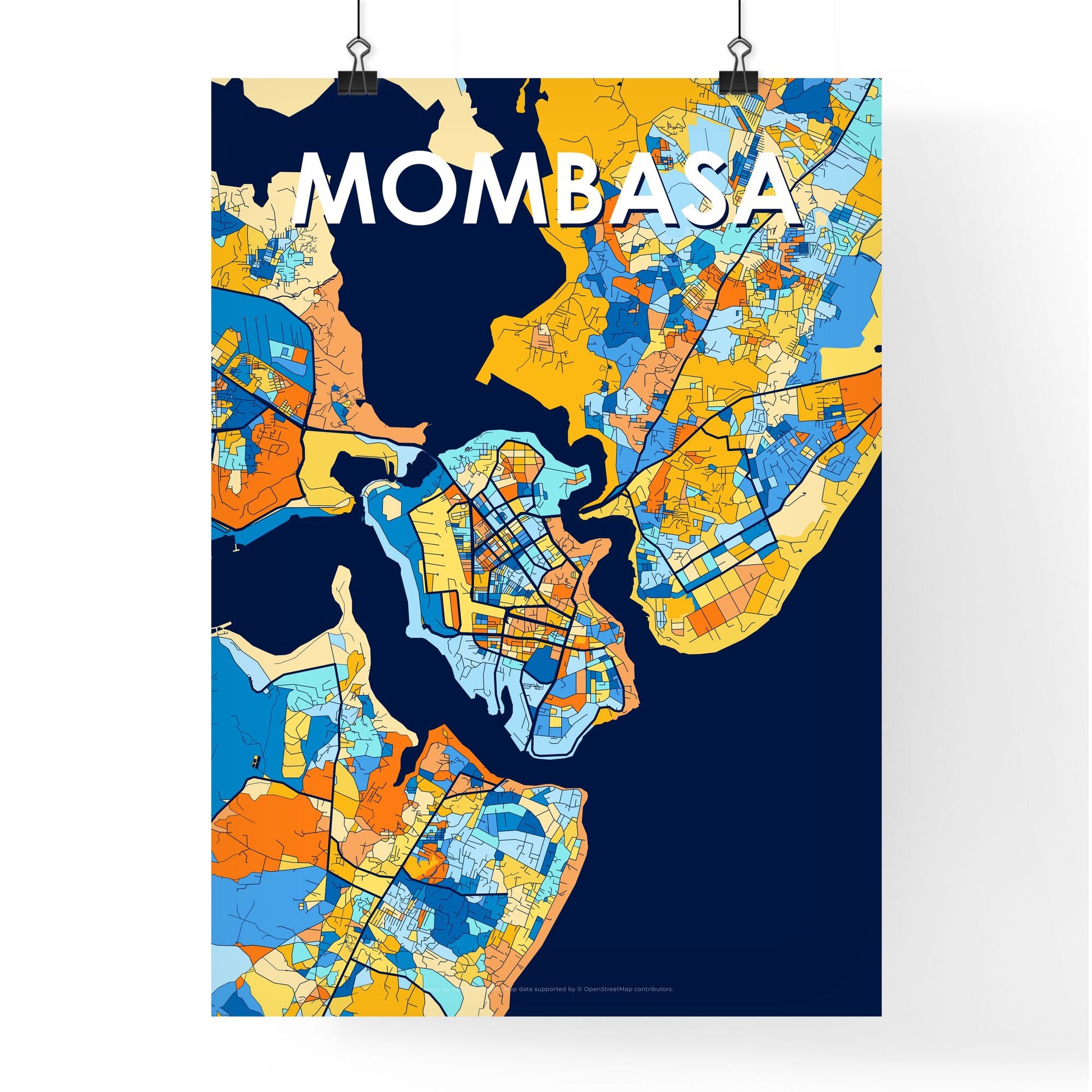 MOMBASA KENYA Vibrant Colorful Art Map Poster Blue Orange