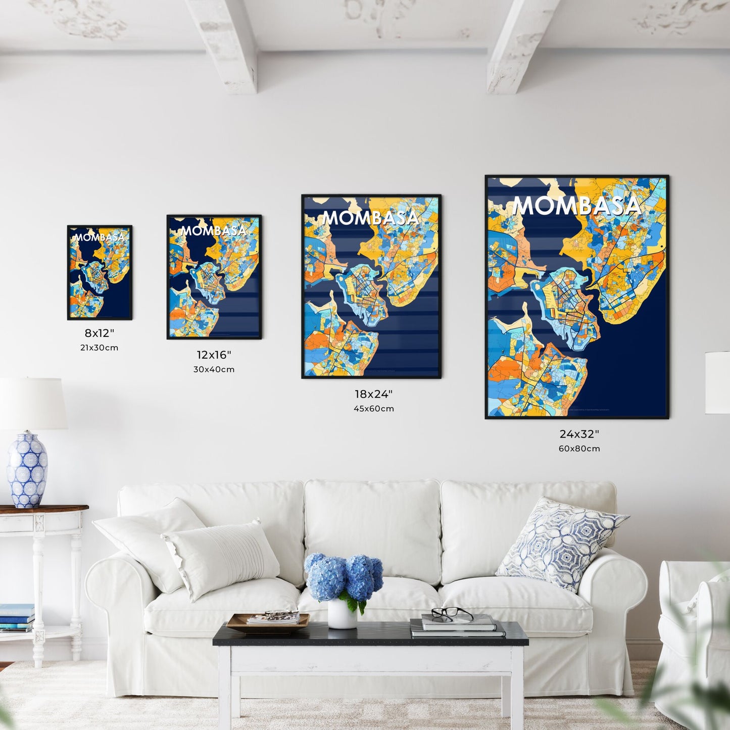 MOMBASA KENYA Vibrant Colorful Art Map Poster Blue Orange