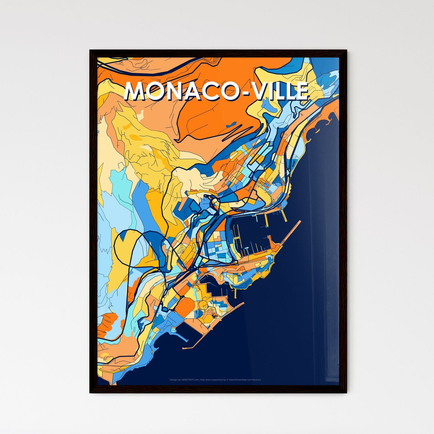 MONACO-VILLE MONACO Vibrant Colorful Art Map Poster Blue Orange