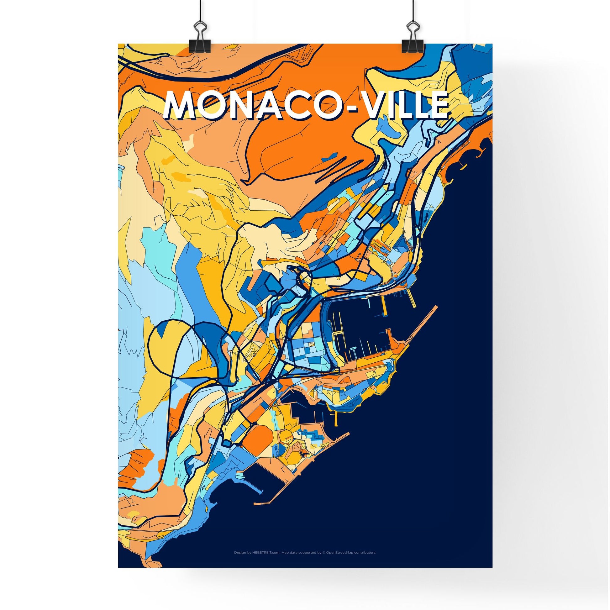 MONACO-VILLE MONACO Vibrant Colorful Art Map Poster Blue Orange