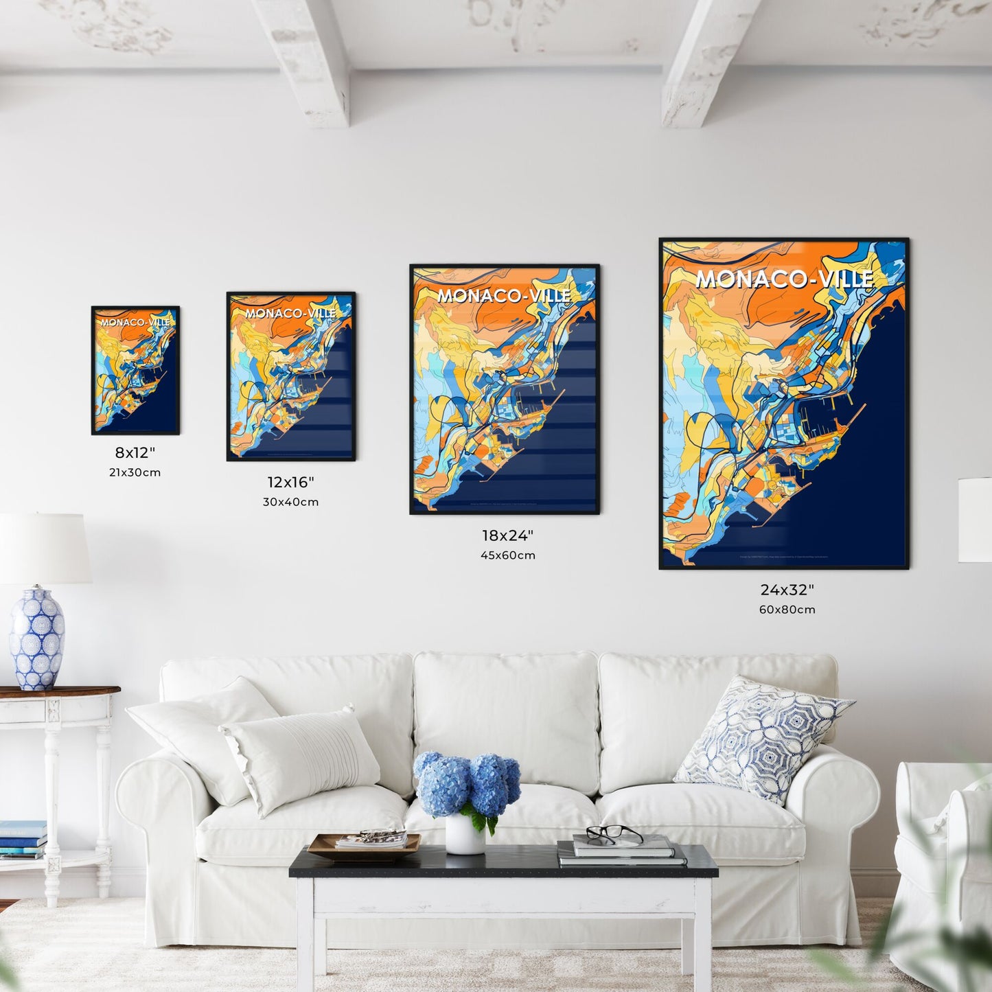 MONACO-VILLE MONACO Vibrant Colorful Art Map Poster Blue Orange