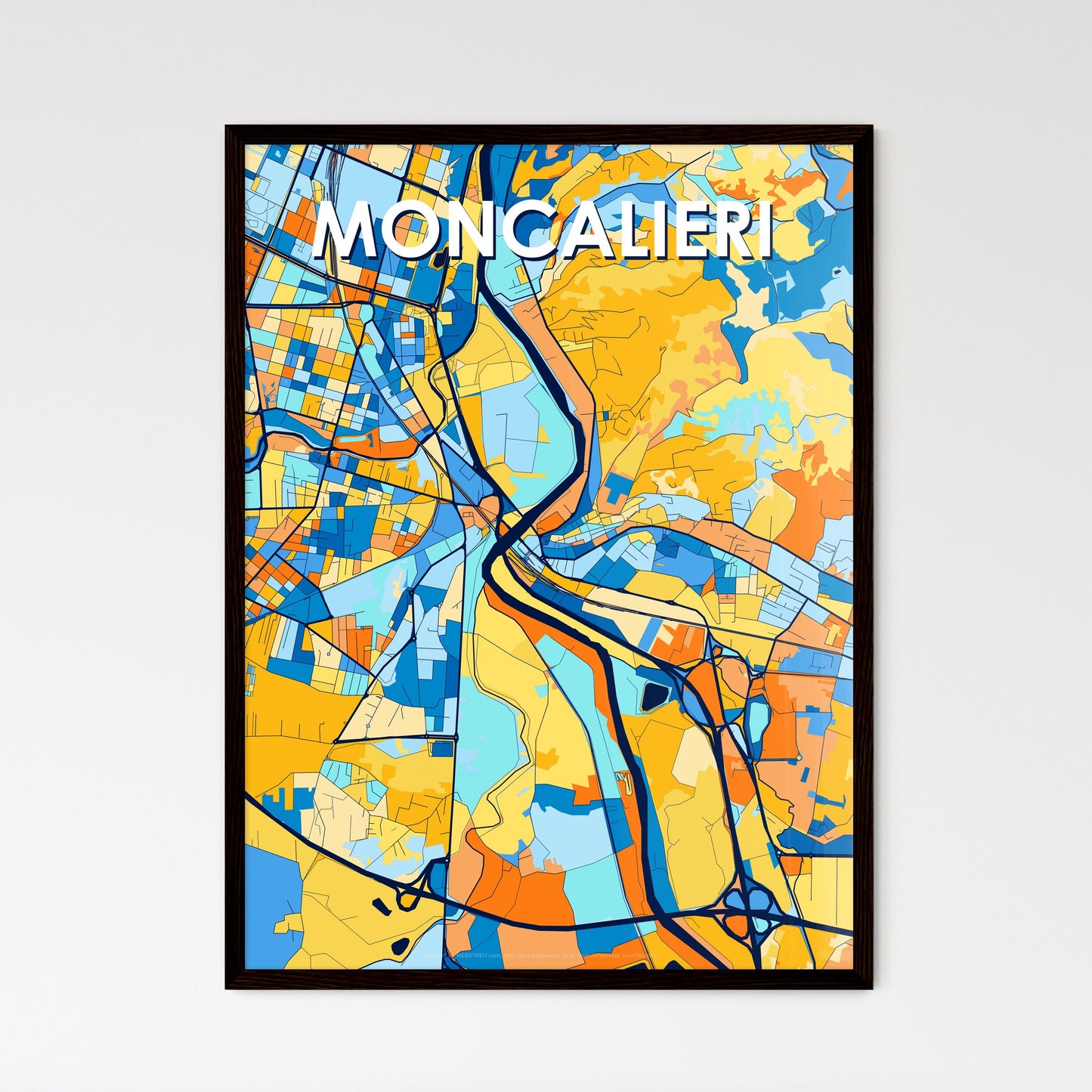 MONCALIERI ITALY Vibrant Colorful Art Map Poster Blue Orange