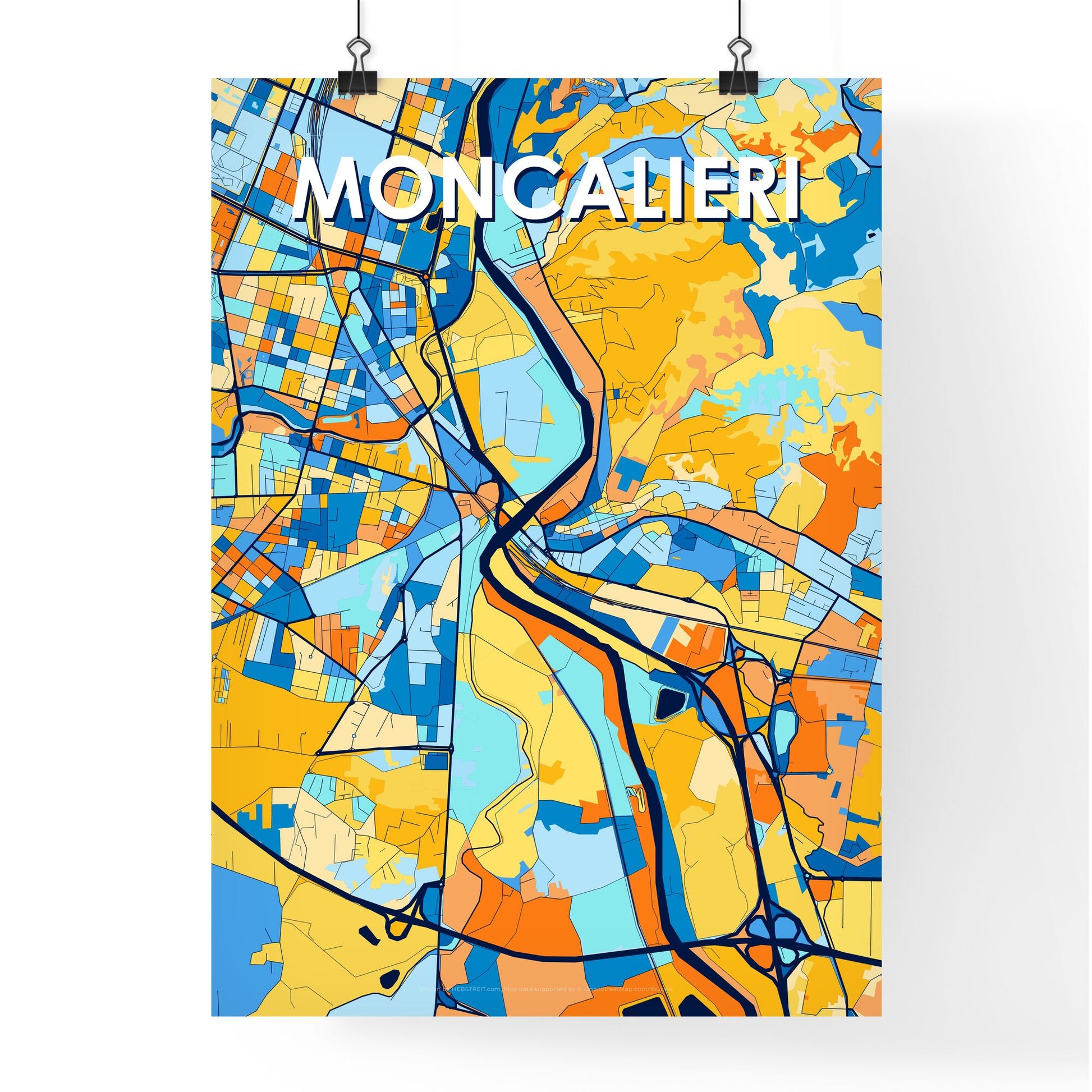 MONCALIERI ITALY Vibrant Colorful Art Map Poster Blue Orange